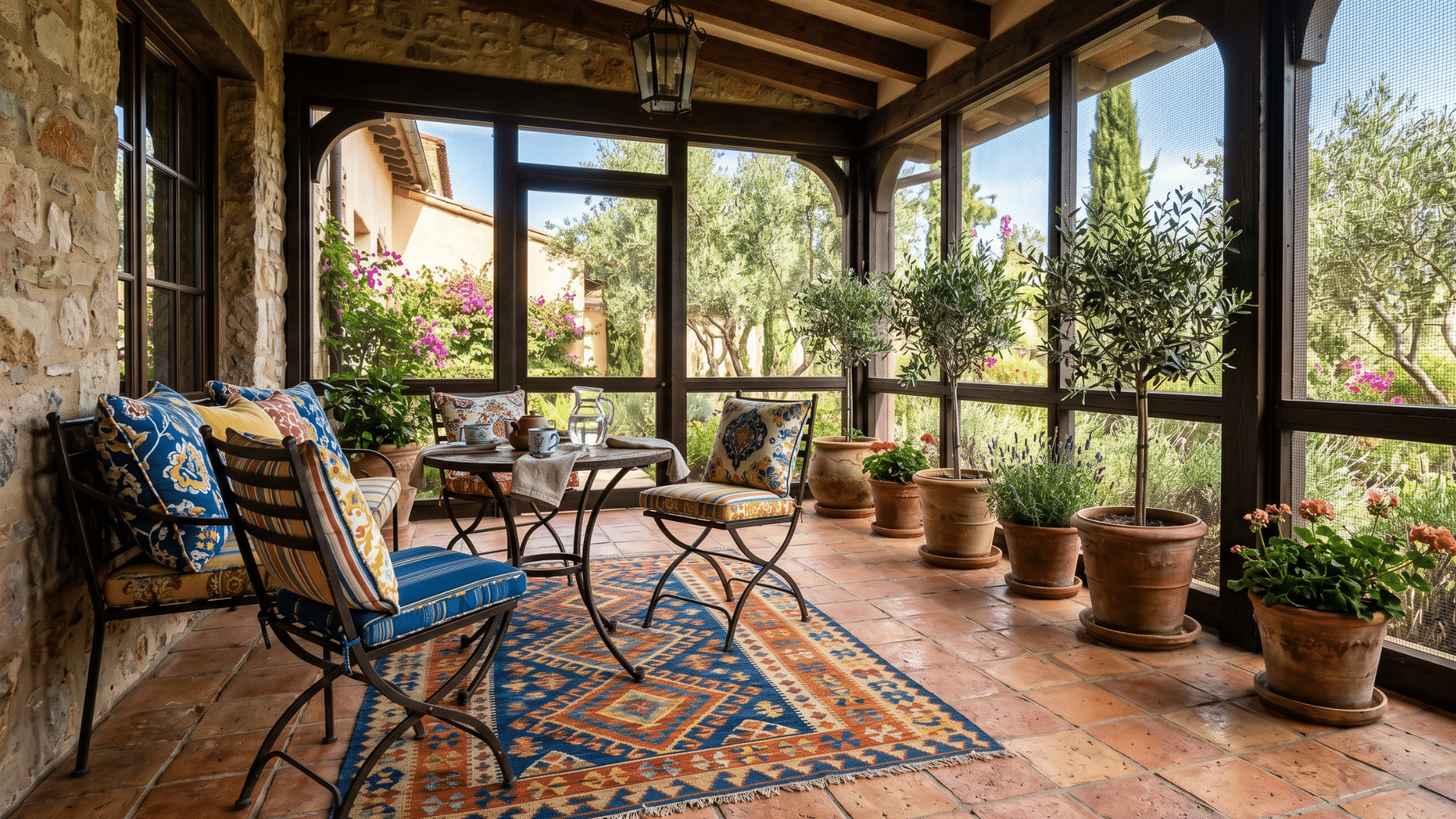 50 a open porch with a spark of vibrant colors and carpet make a place cozy and fun