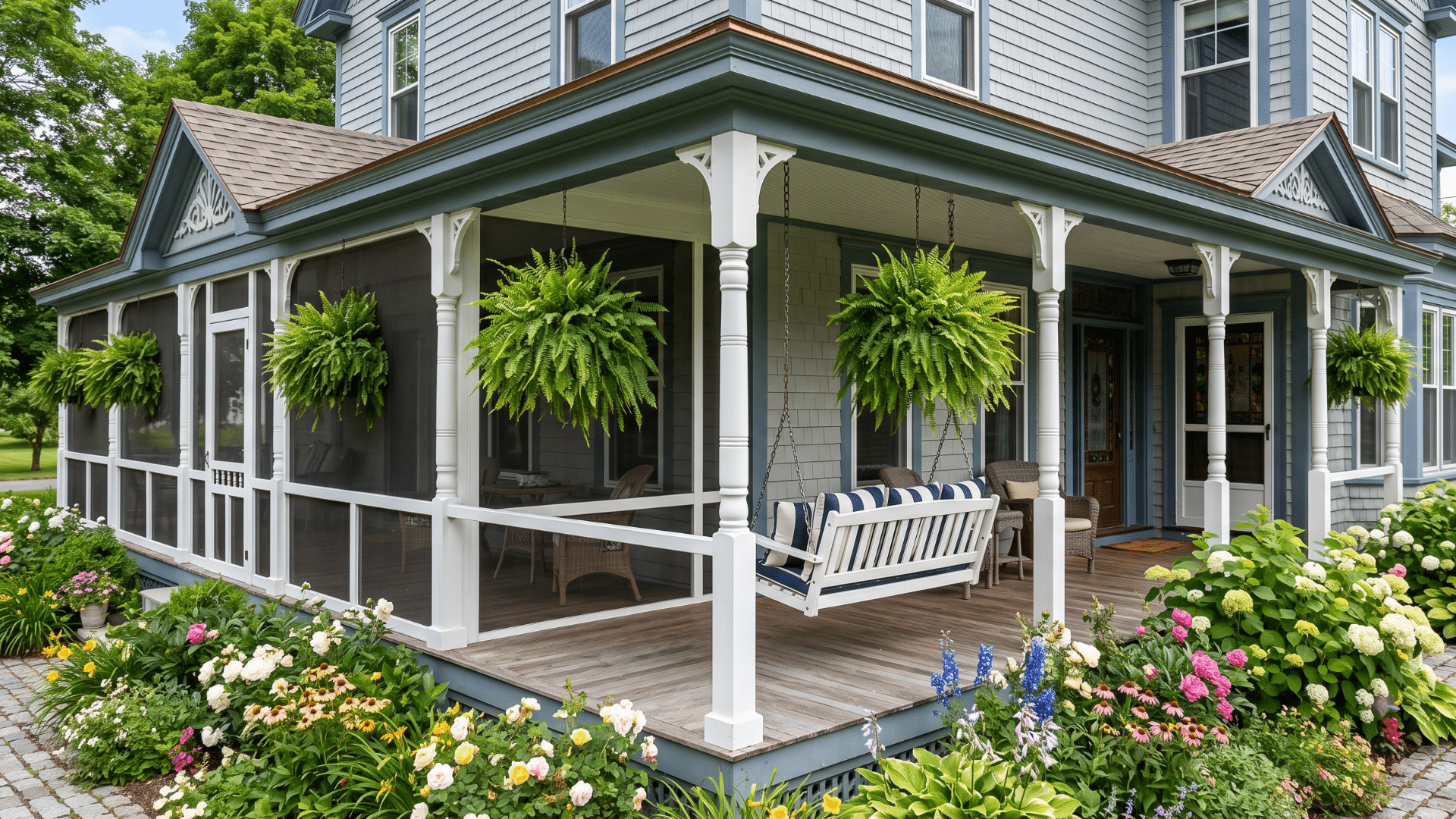 69 a porch with a swing and a view of the lawn for relaxing