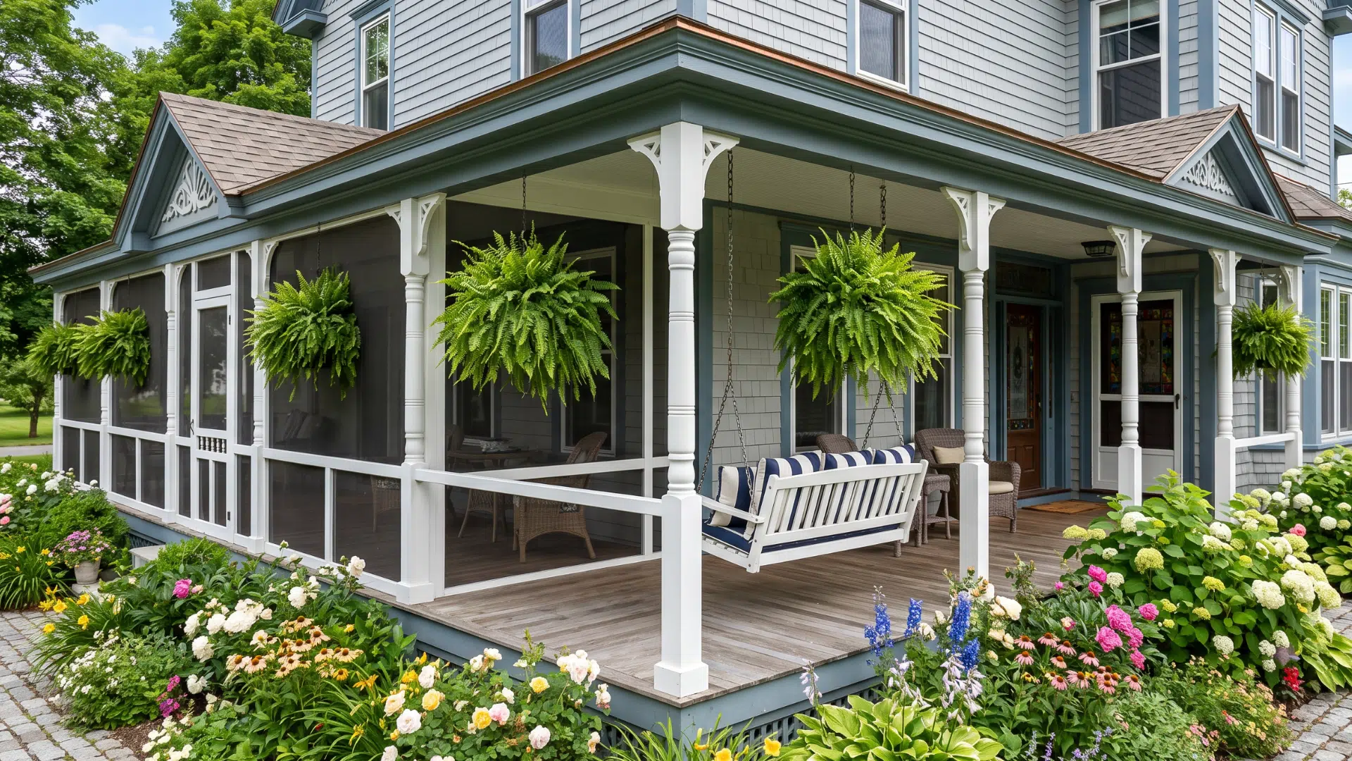 69 a porch with a swing and a view of the lawn for relaxing
