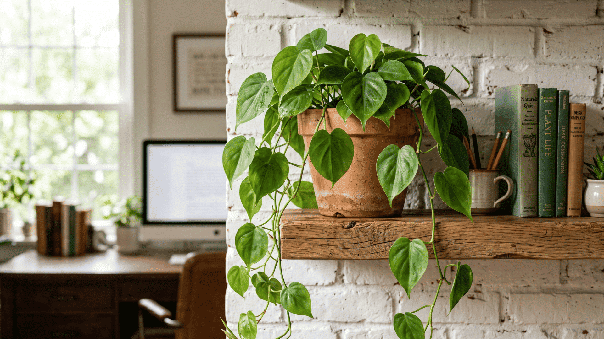 7 a image of a philodendron plant in the corner of the shelf