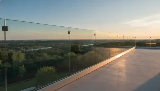 Glass terrace overlooking lush landscape at sunset with clear blue sky and distant horizon