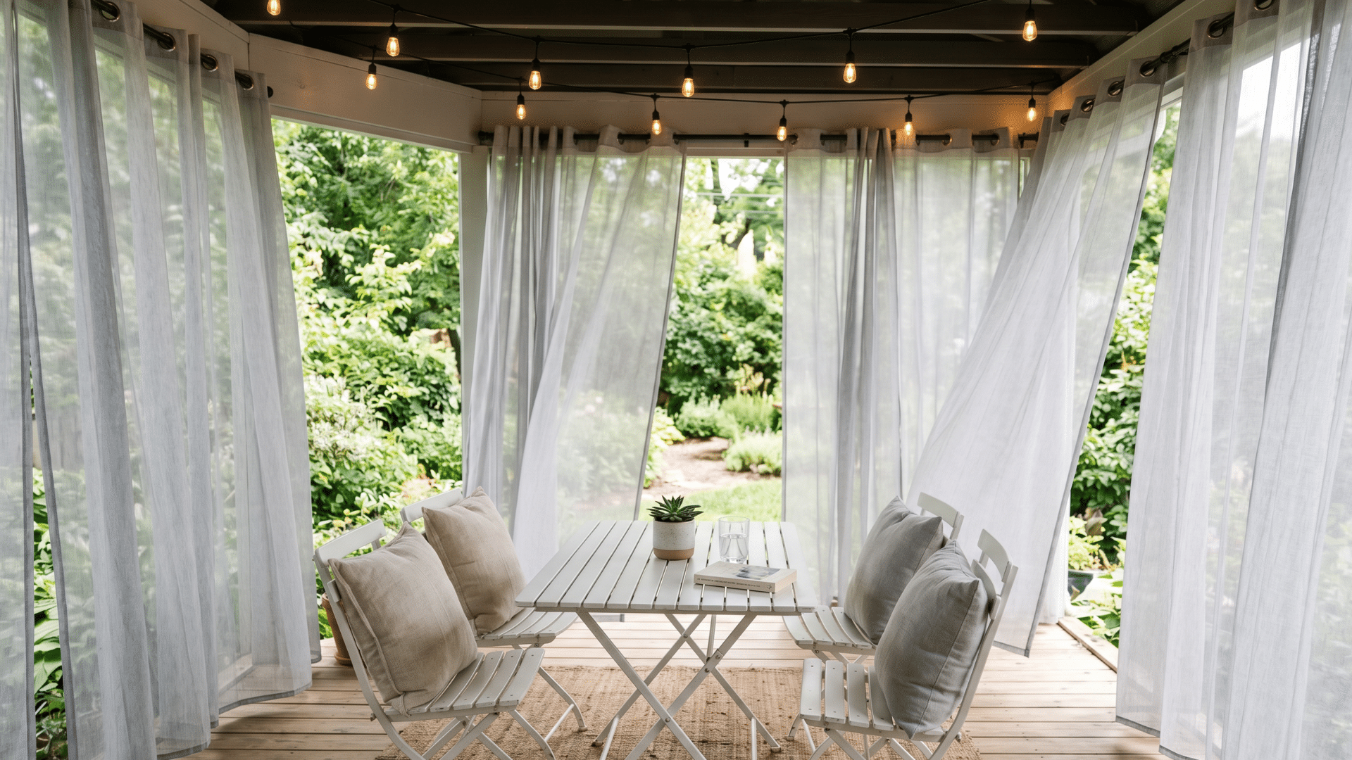 74 a screen porch in the house with white curtains with the best airflow