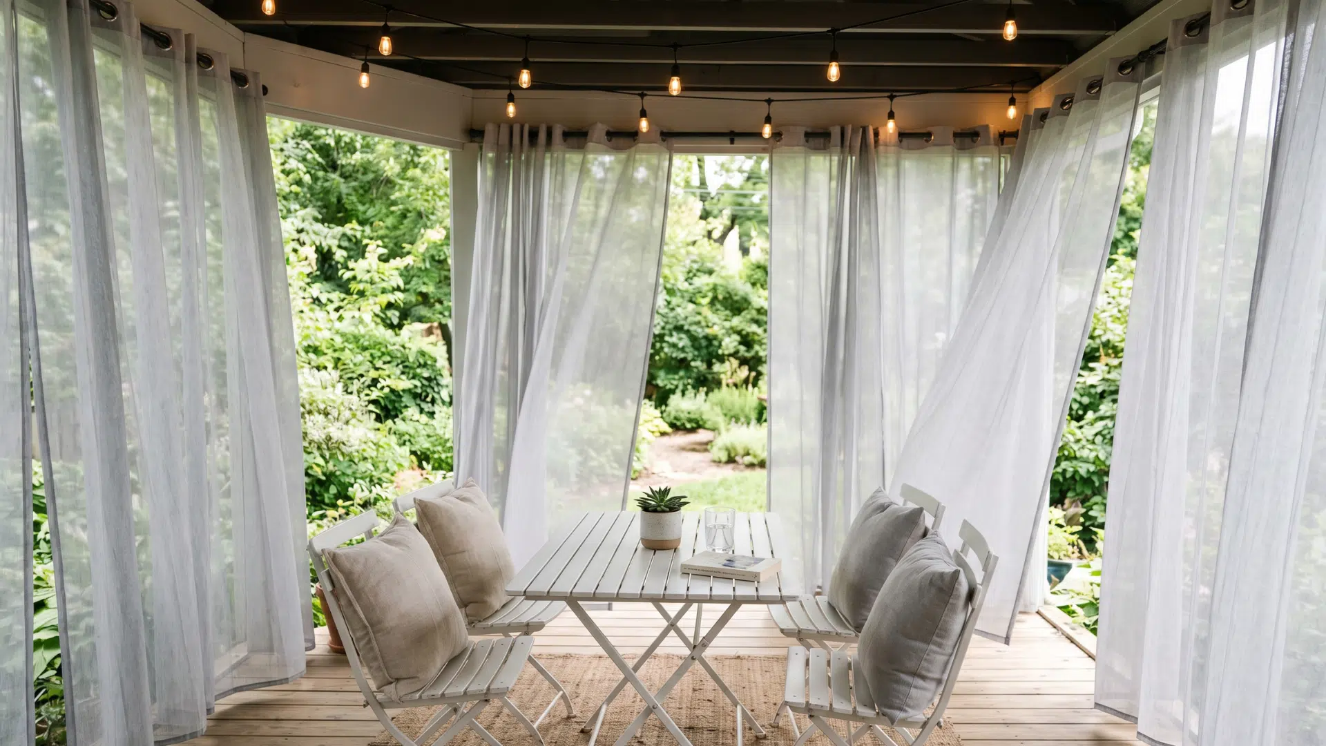 74 a screen porch in the house with white curtains with the best airflow
