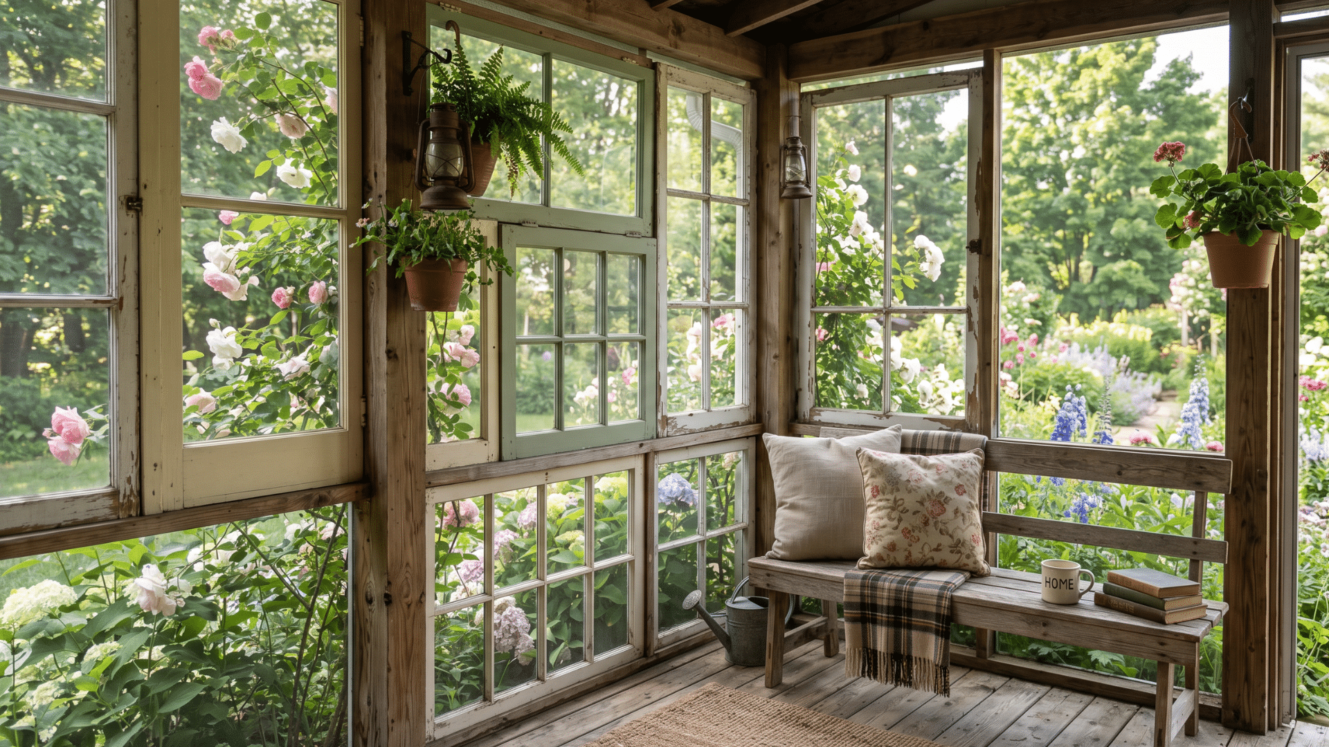 75 a screen porch in the house covered with flowers and greenery to relax in the nature