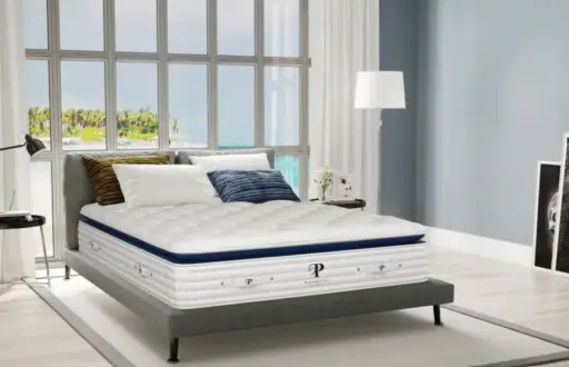Modern bedroom with plush mattress on grey bedframe, large windows overlooking a tropical beach