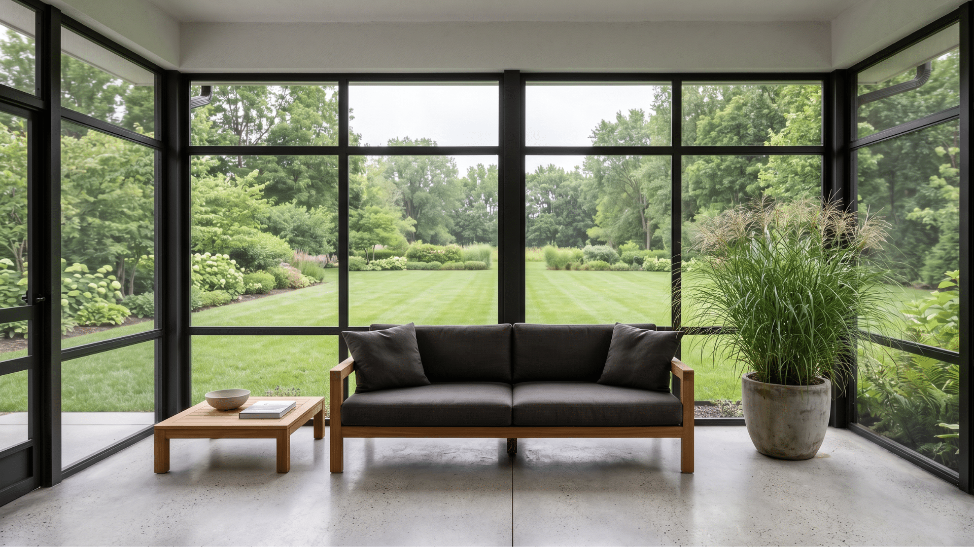 9. modern sunroom with a dark gray sofa and a wooden coffee table, overlooking a lush green garden through large windows.