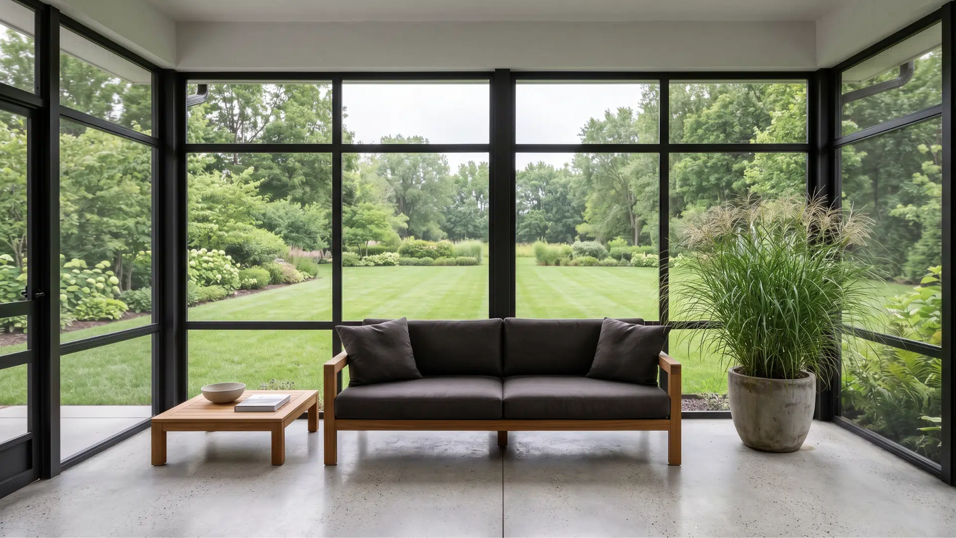 9. modern sunroom with a dark gray sofa and a wooden coffee table, overlooking a lush green garden through large windows.