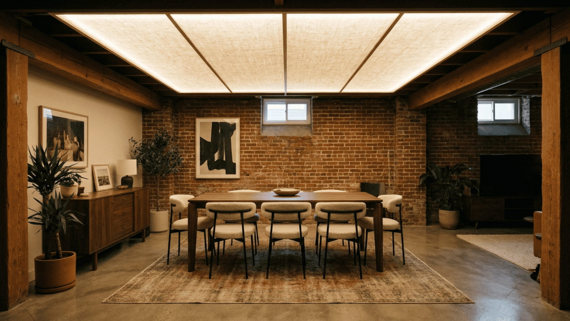 A basement dining area with translucent backlit ceiling panel.