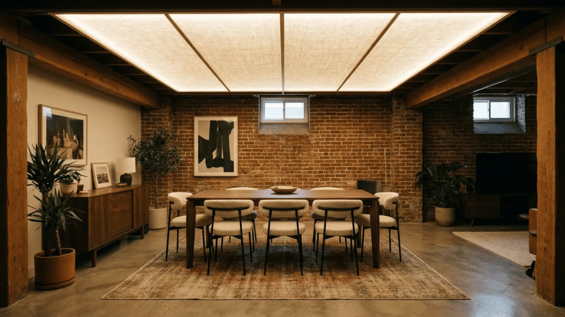 A basement dining area with translucent backlit ceiling panel.