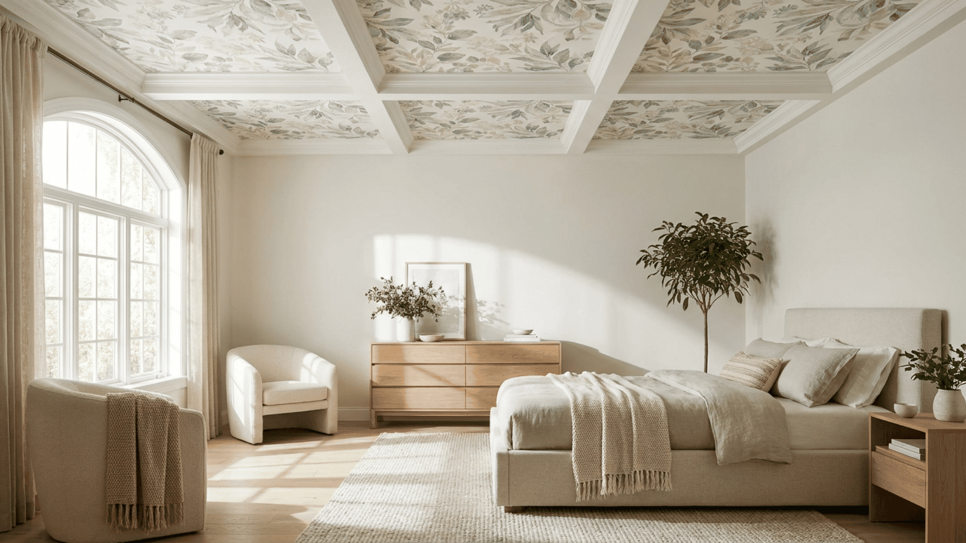 A bedroom with patterned wallpaper applied to the ceiling, featuring botanical prints and subtle colors.