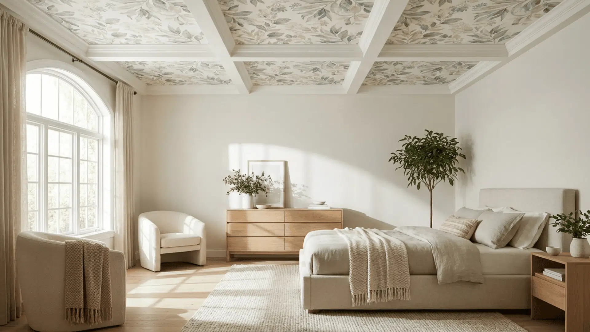 A bedroom with patterned wallpaper applied to the ceiling, featuring botanical prints and subtle colors.
