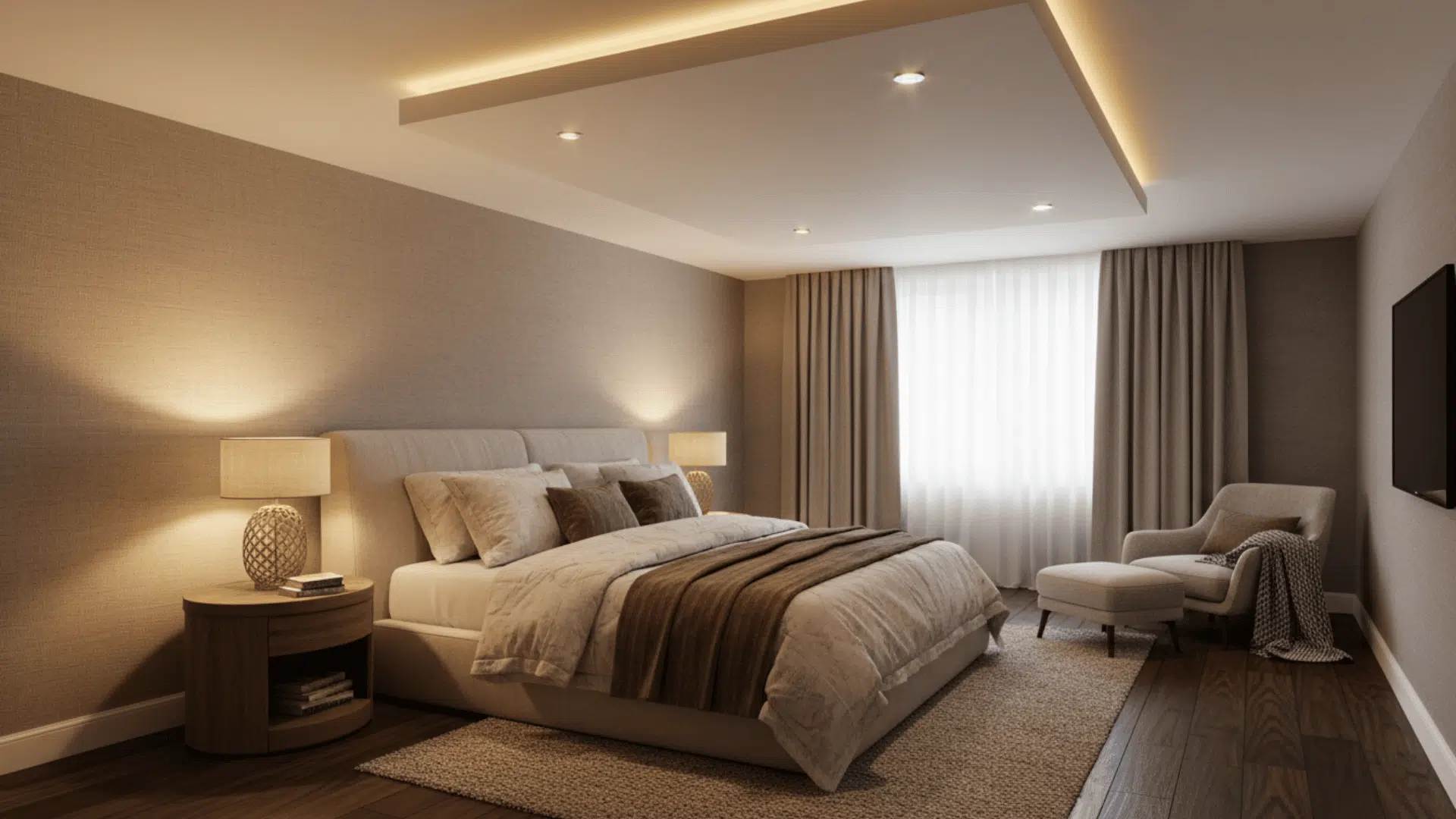 A bedroom with single-level false ceiling in warm off-white, cove lighting, dimmable recessed spots.