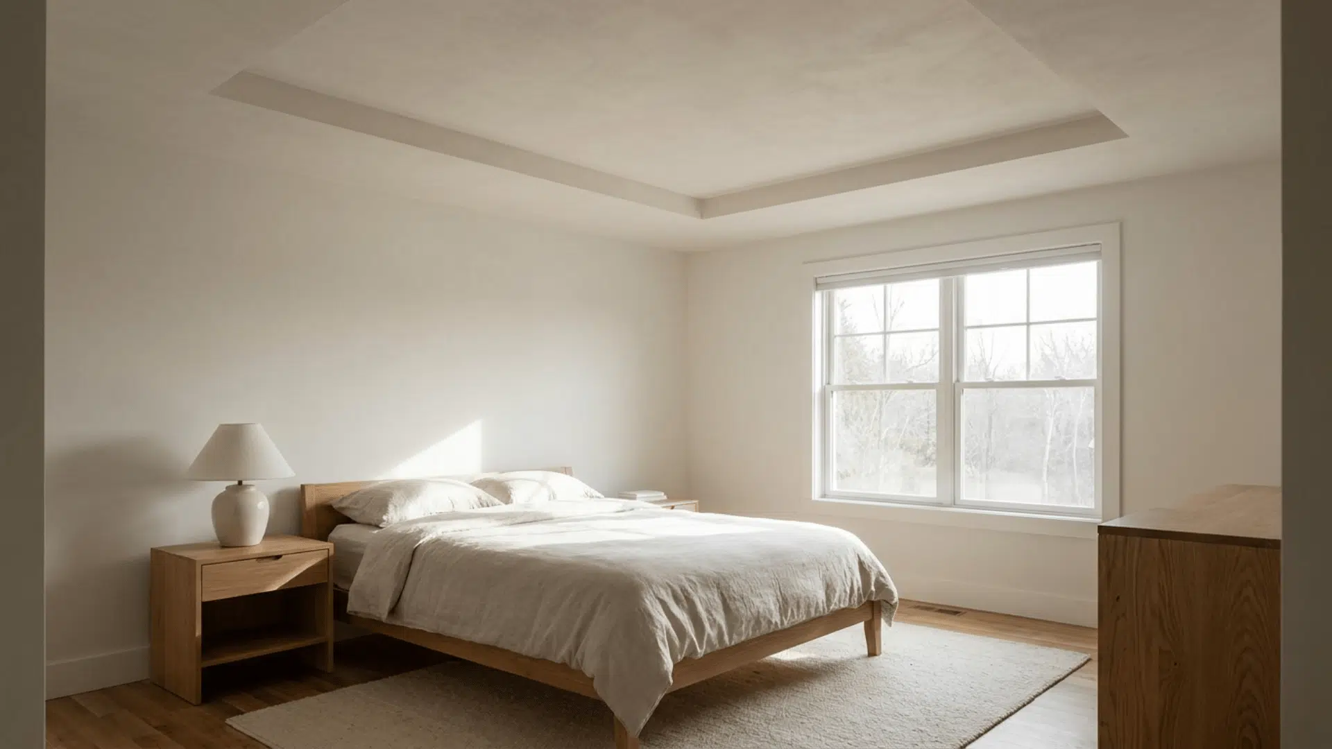 A bedroom with single recessed ceiling panel 2–4 inches higher than surrounding surface.