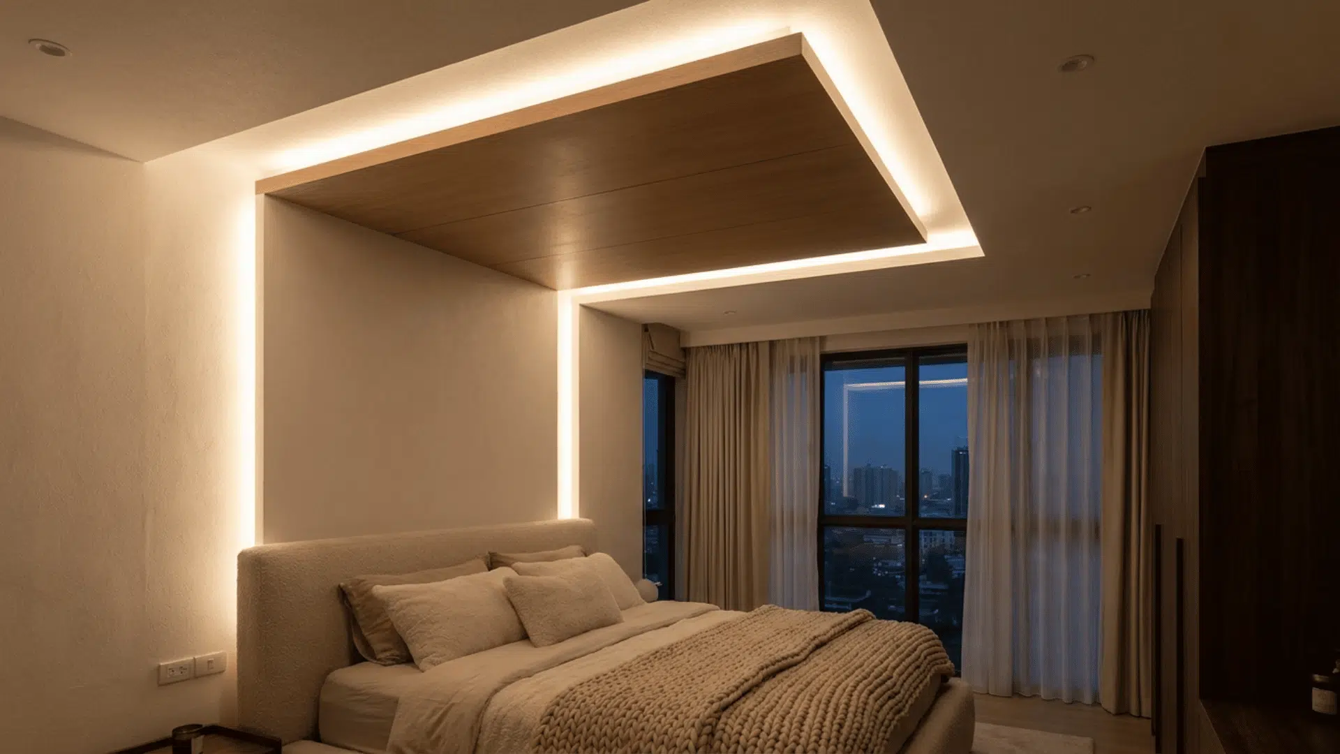 A bedroom with tray ceiling featuring integrated cove LED lighting along the inner edge.