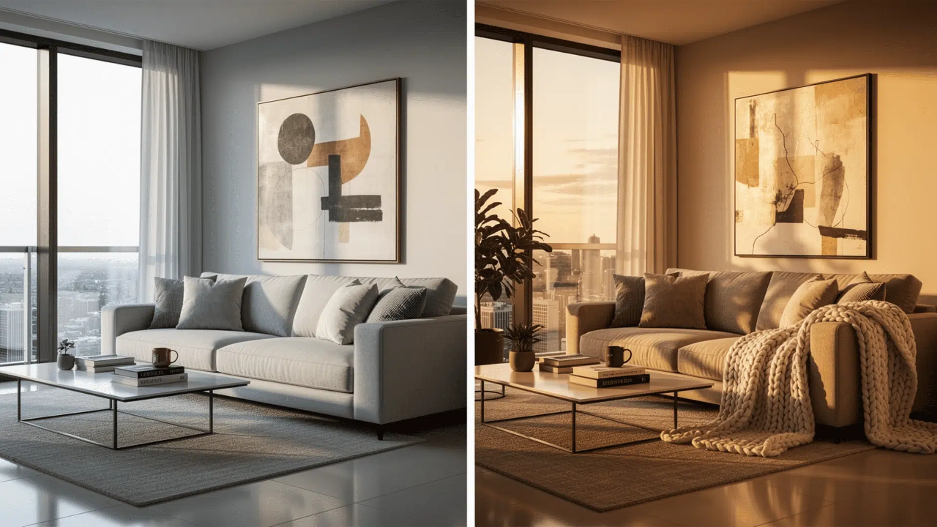 a before and after of the same living room showing flat cold overhead lighting on the left versus a warm layered lighting scheme with wall sconces led strips and a floor lamp on the right
