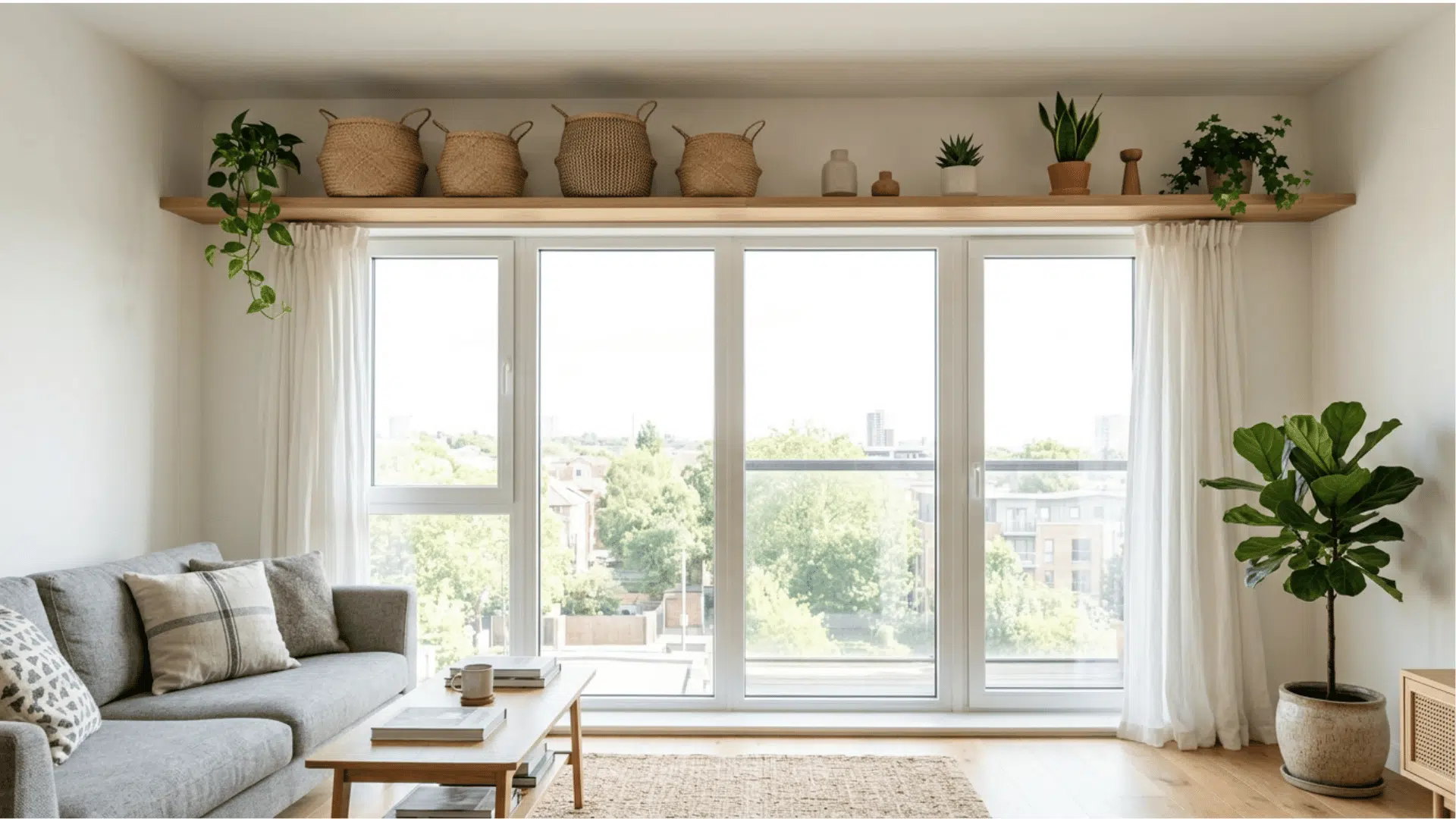 a before and after showing the same living room with a plain empty wall above the sofa on the left and on the right floating shelves a hanging plant and framed abstract art added above it