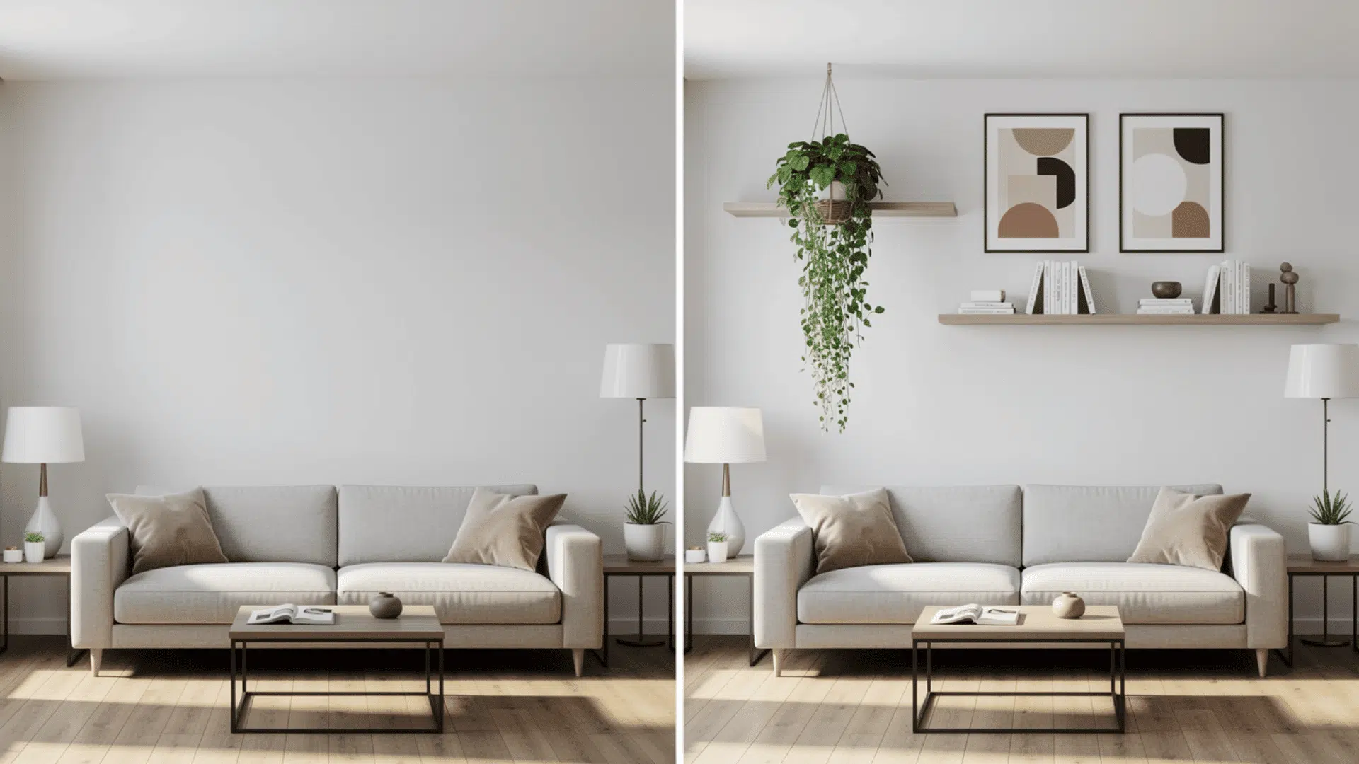 a before and after showing the same living room with unused empty wall space above the sofa on the left and floating shelves a hanging plant and framed art filling that vertical space on the right