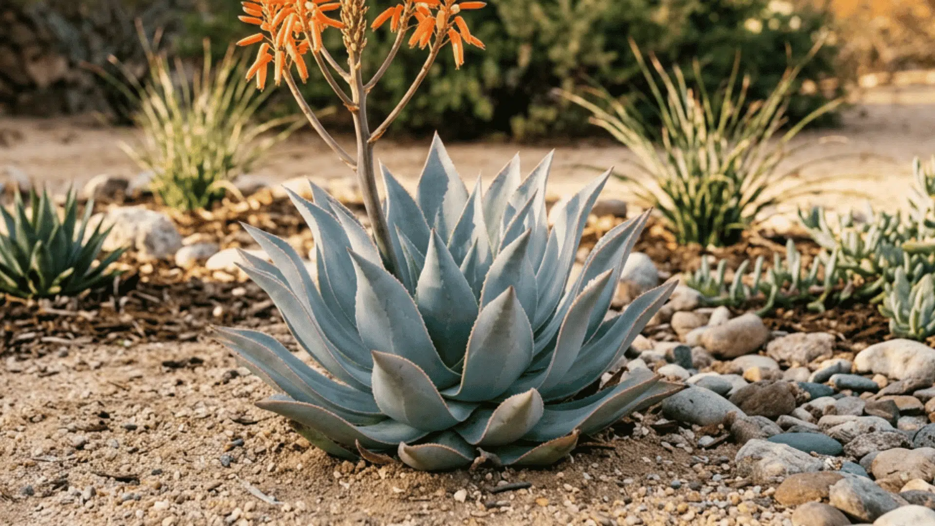 a blue green succulent with orange flowers growing in a desert garden with rocks and shrubs in warm sunlight