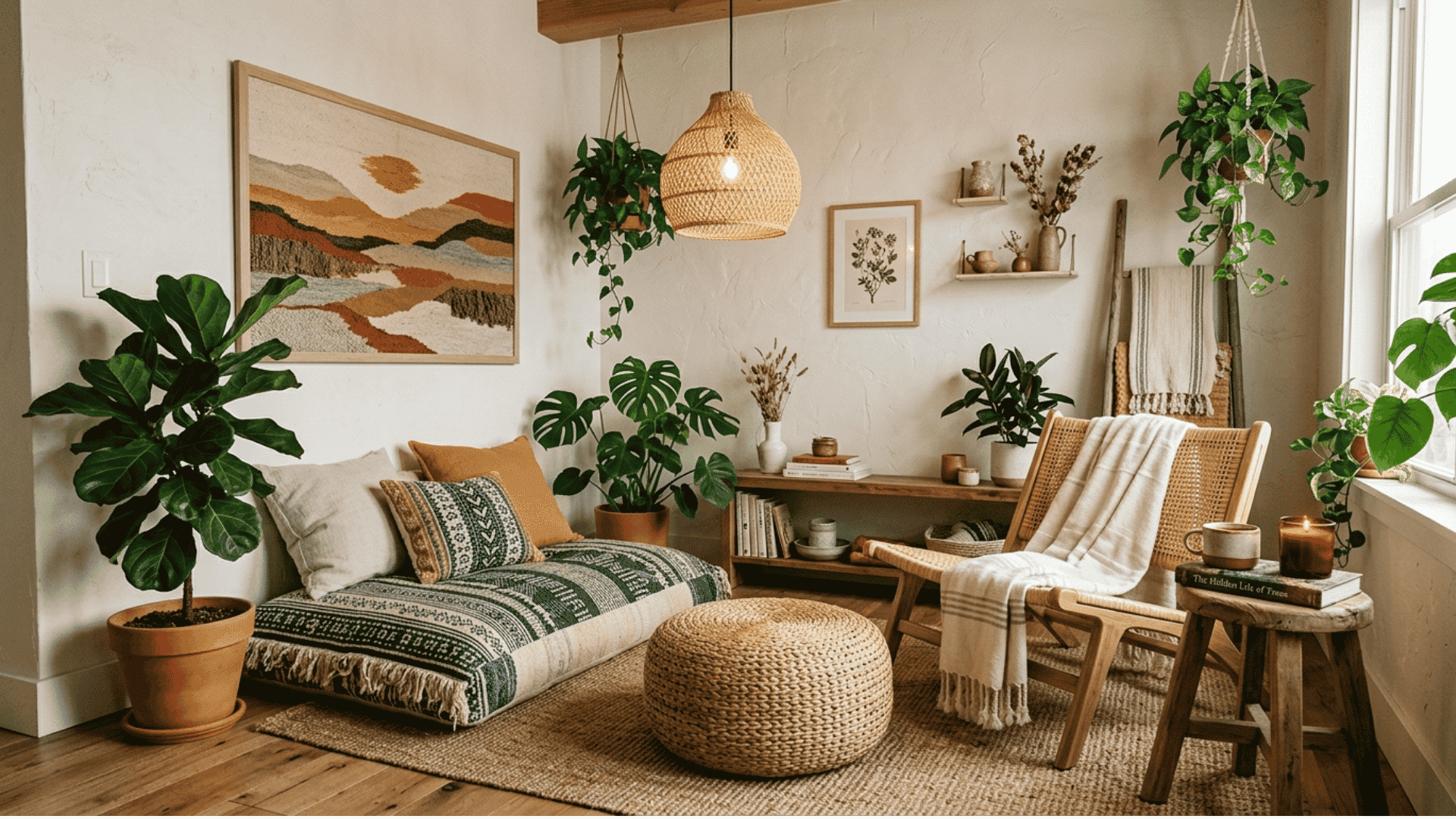 _a boho living room corner with a floor cushion a wicker pouf and a rattan chair creating casual low seating surrounded by hanging and potted houseplants
