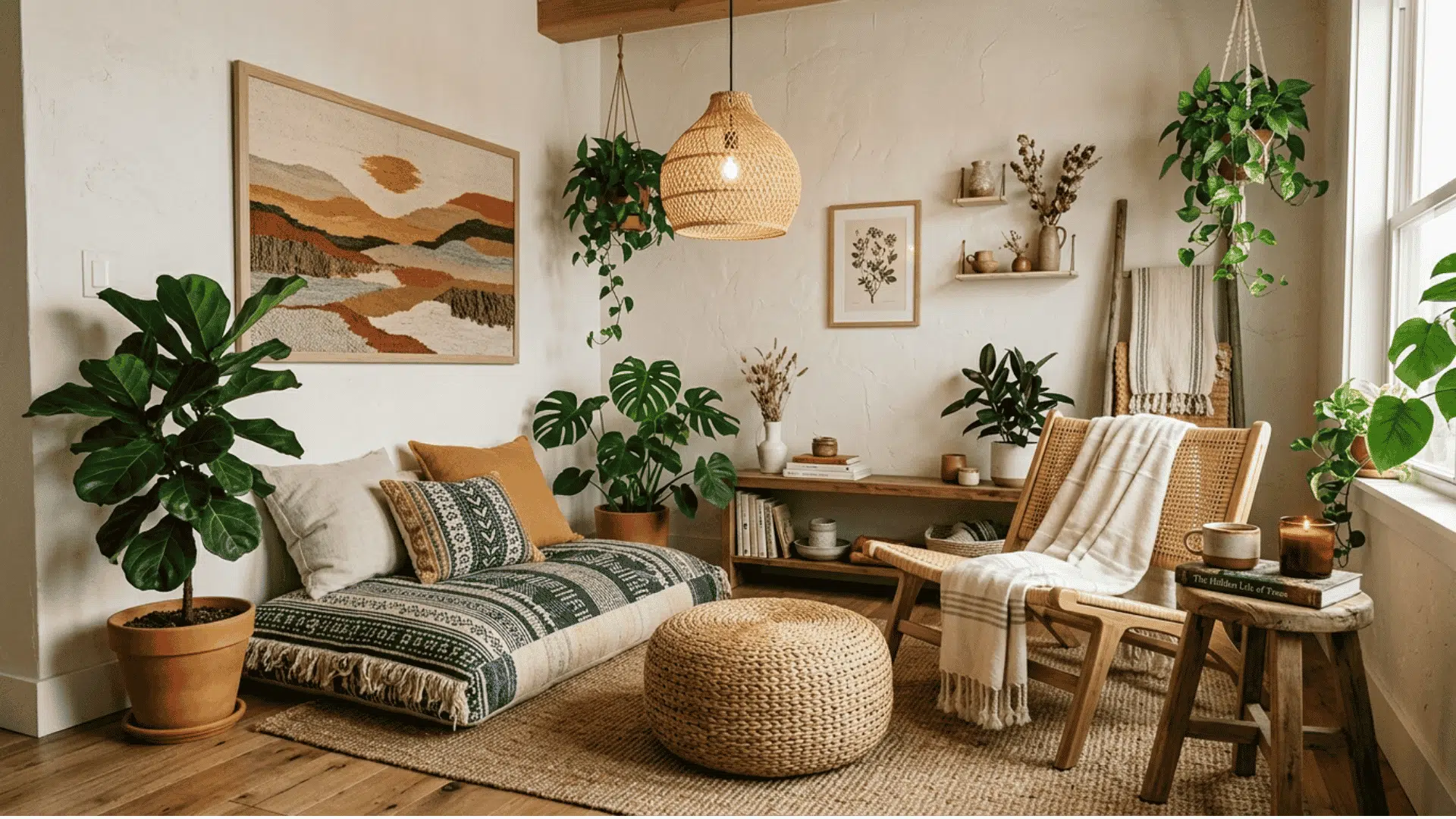 _a boho living room corner with a floor cushion a wicker pouf and a rattan chair creating casual low seating surrounded by hanging and potted houseplants