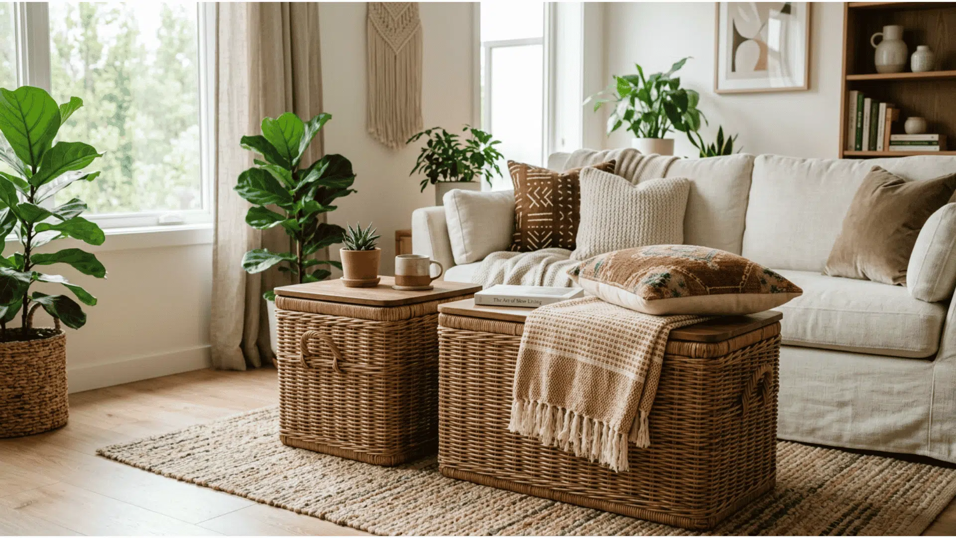 a boho living room corner with floor cushion seating a wicker pouf a rattan chair a woven pendant light a large fiddle leaf fig and multiple trailing and potted houseplants