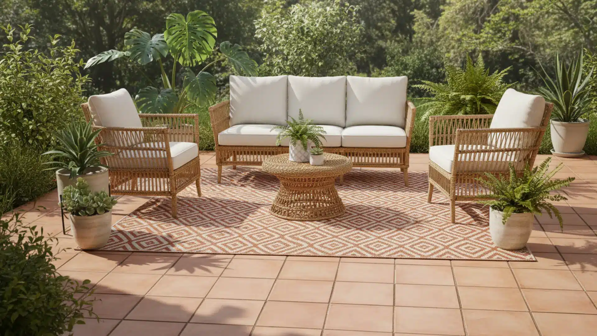 a bold geometric terracotta and cream outdoor rug under a rattan sofa and chairs on a small sunny patio with green potted plants along the edges