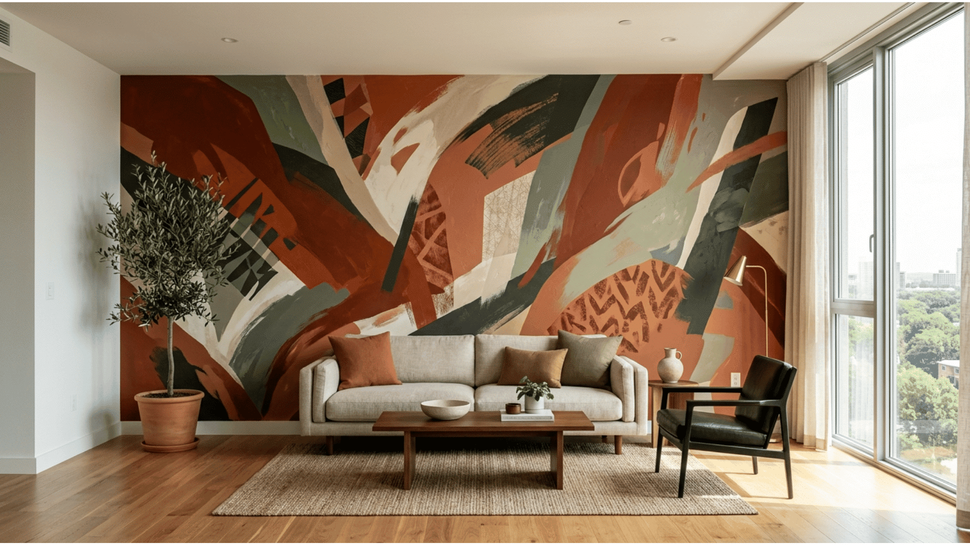 _a bold living room with a large abstract mural painted across the entire feature wall in terracotta rust green and cream with a beige sofa a wooden coffee table and an olive tree