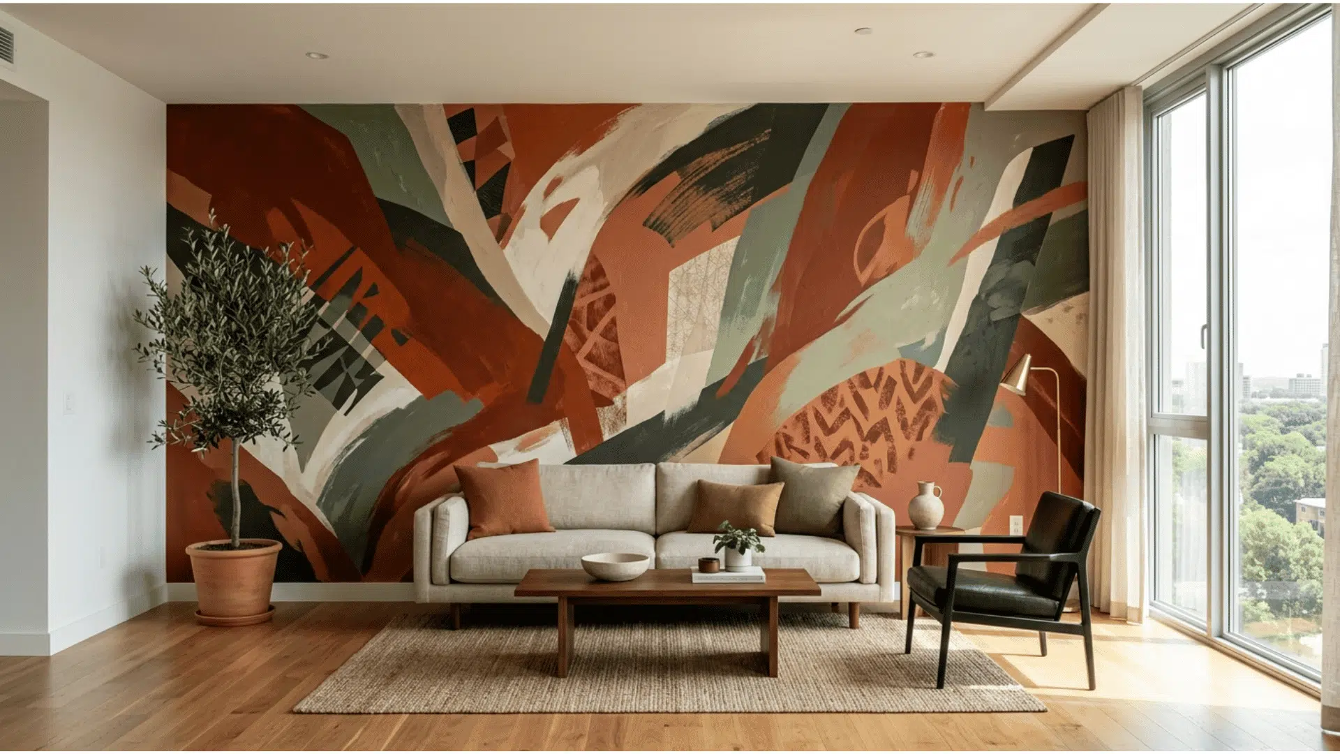 _a bold living room with a large abstract mural painted across the entire feature wall in terracotta rust green and cream with a beige sofa a wooden coffee table and an olive tree