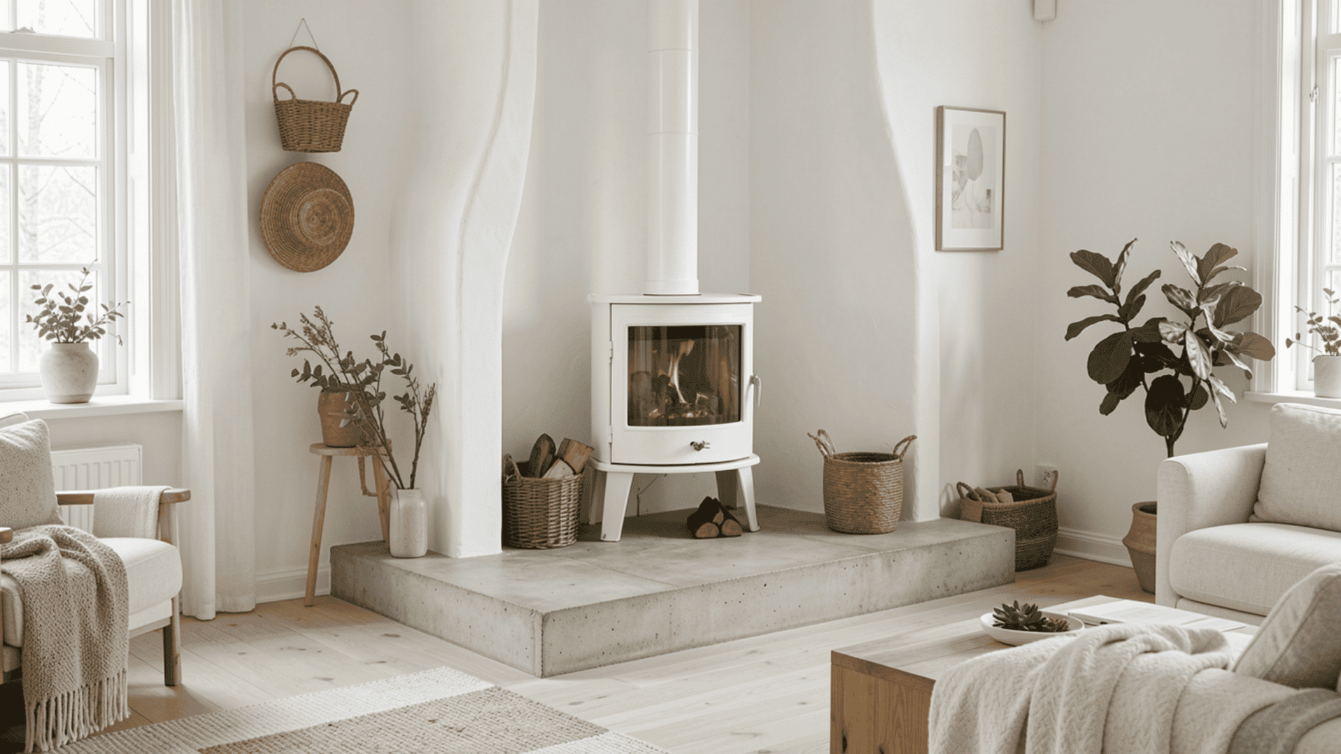 a bright all white scandinavian living room with a small white cast iron wood burning stove on a raised pale concrete plinth surrounded by rattan baskets logs and a fiddle leaf fig plant
