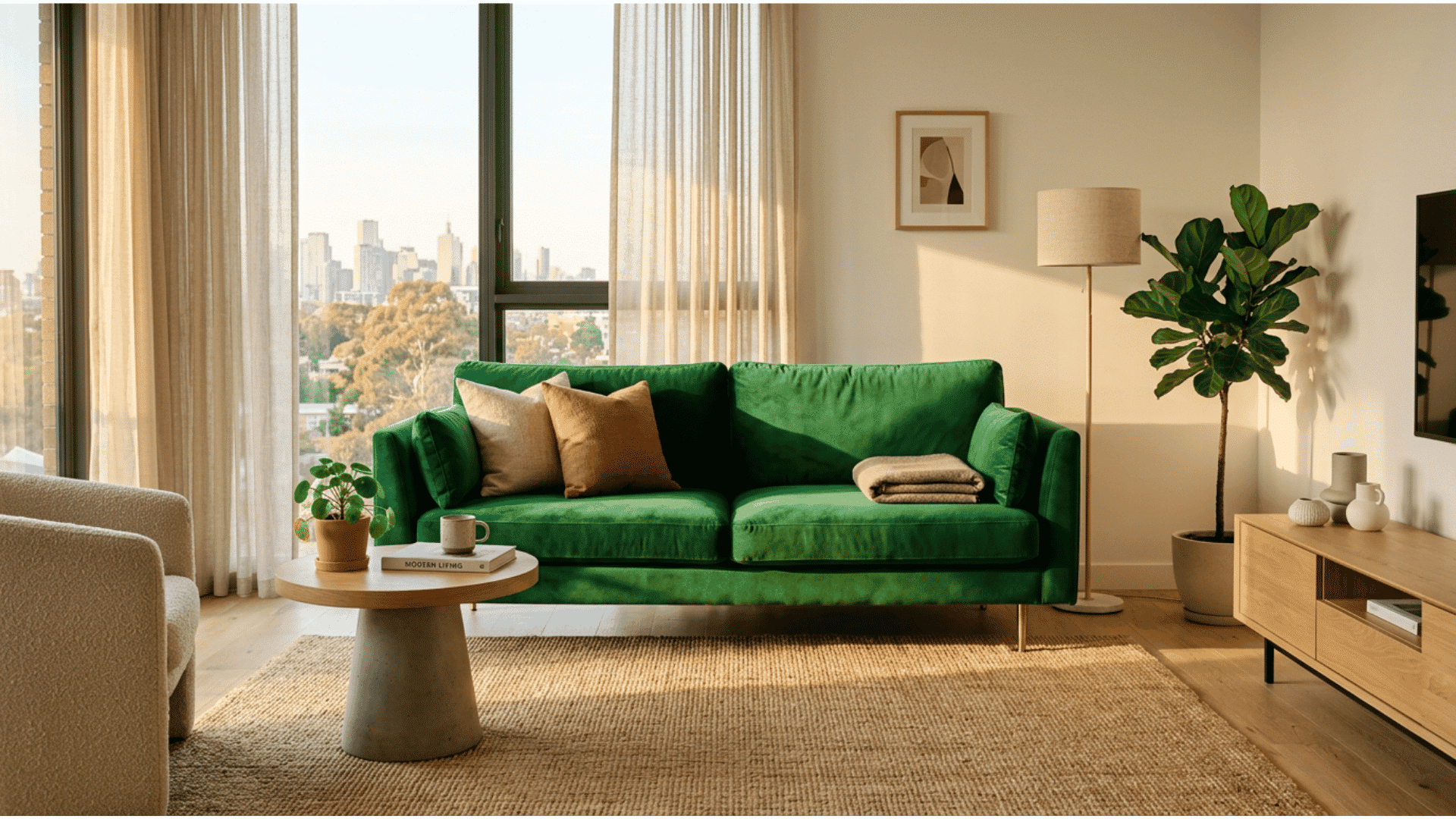 a bright apartment living room with a bold green velvet two seater sofa as the clear focal point paired with a round pedestal coffee table a fiddle leaf fig and a city skyline view
