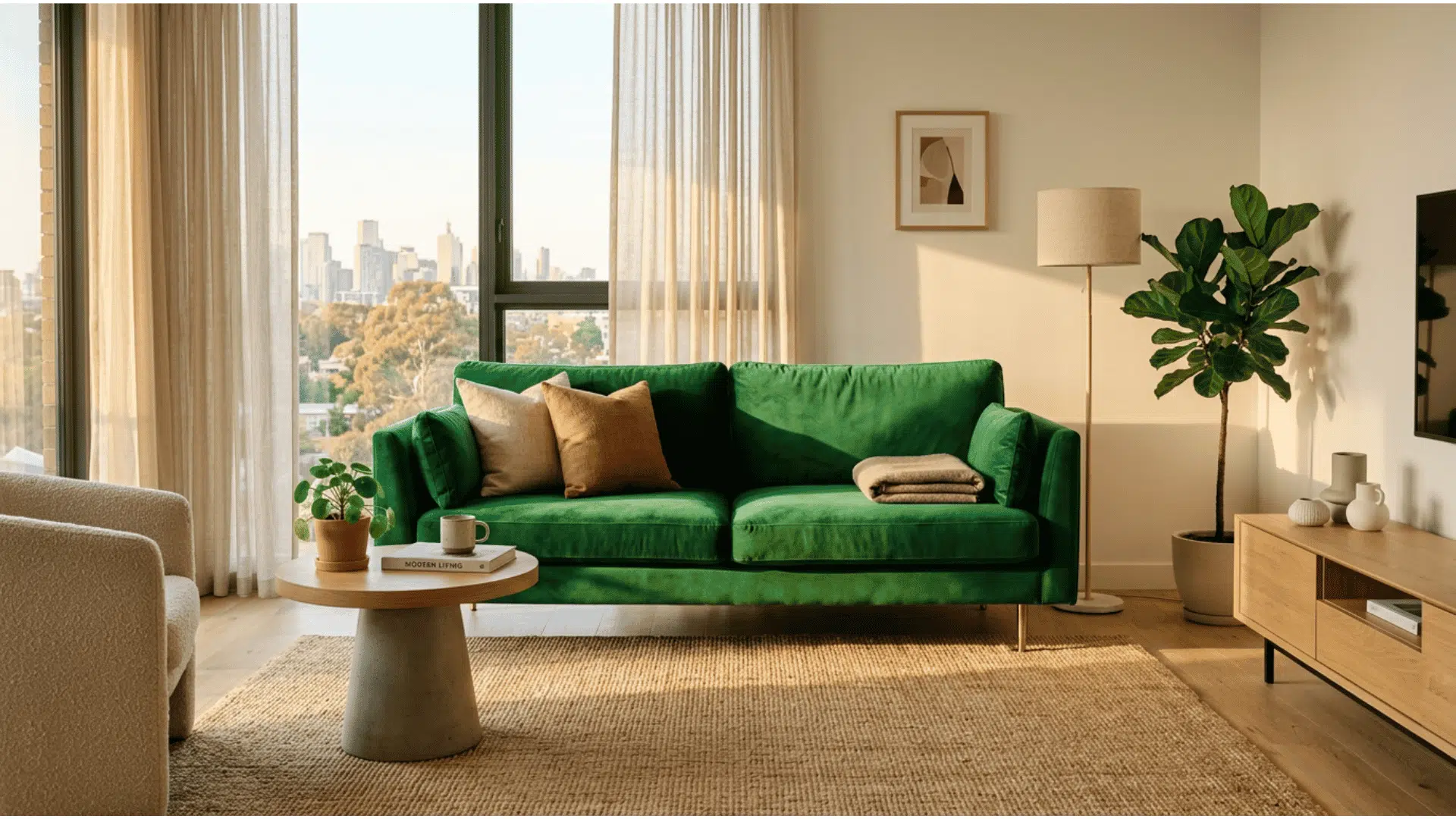a bright apartment living room with a bold green velvet two seater sofa as the clear focal point paired with a round pedestal coffee table a fiddle leaf fig and a city skyline view