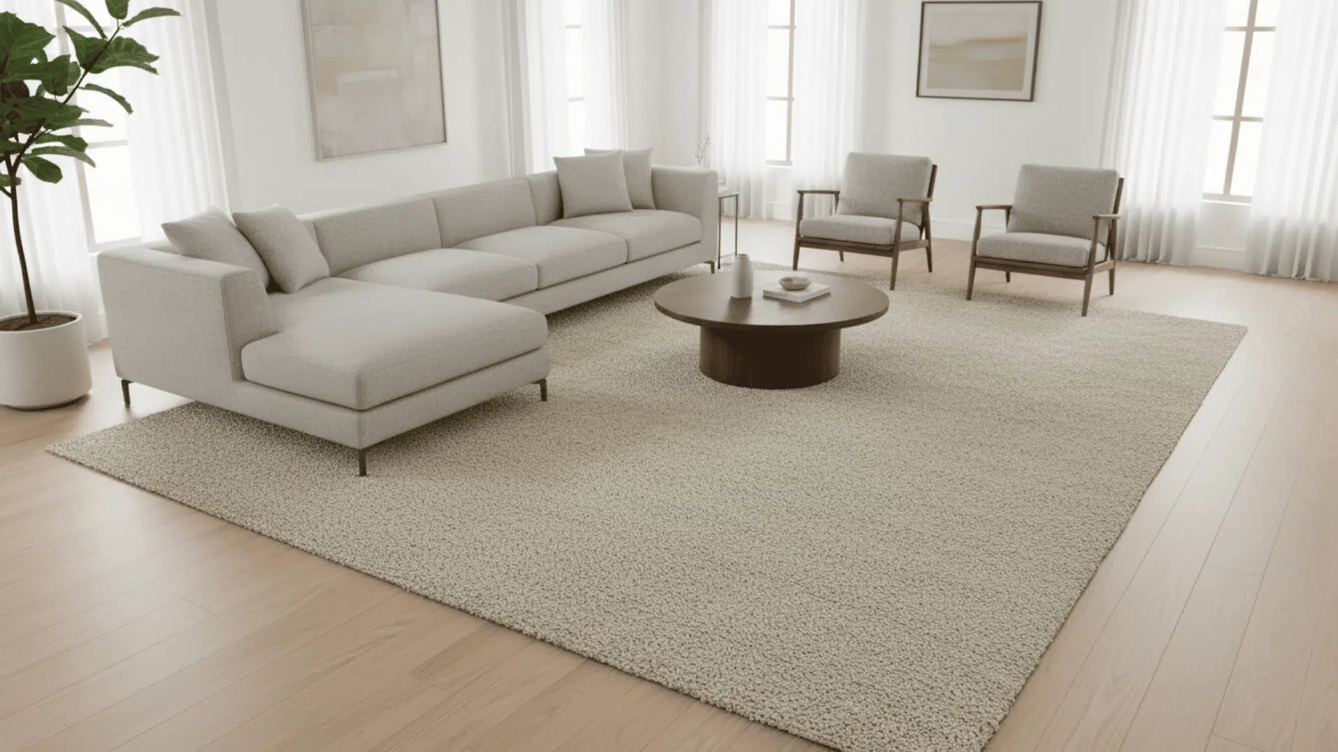 a bright living room with a gray sectional sofa round wooden coffee table two chairs large rug and sheer curtains