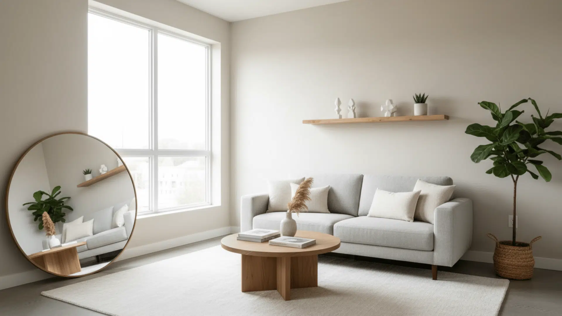 a bright living room with a gray sofa round mirror wooden table wall shelf plants and large windows