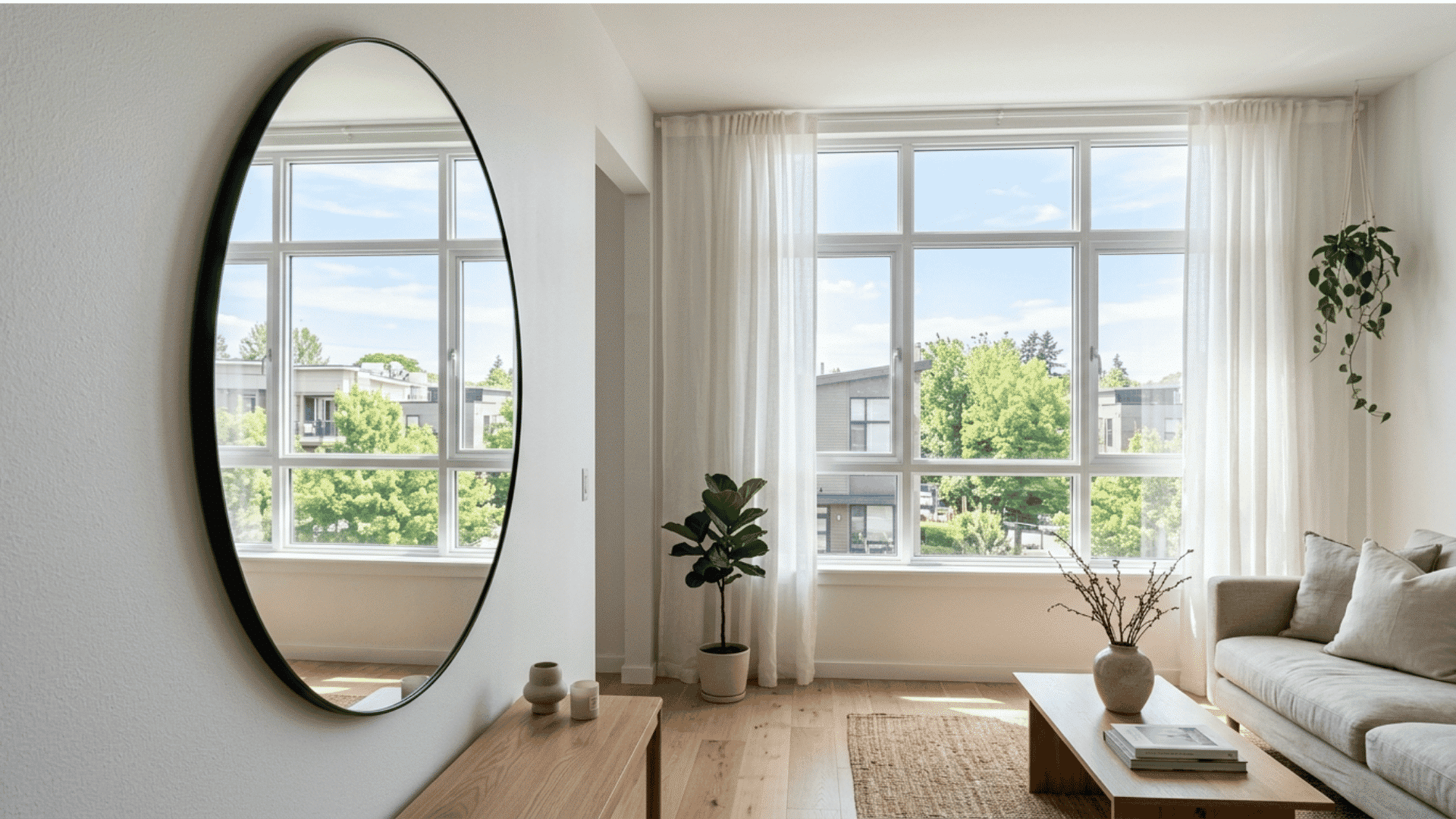 a bright minimalist living room with a large oval black framed mirror positioned to reflect the natural light and garden view from floor to ceiling windows
