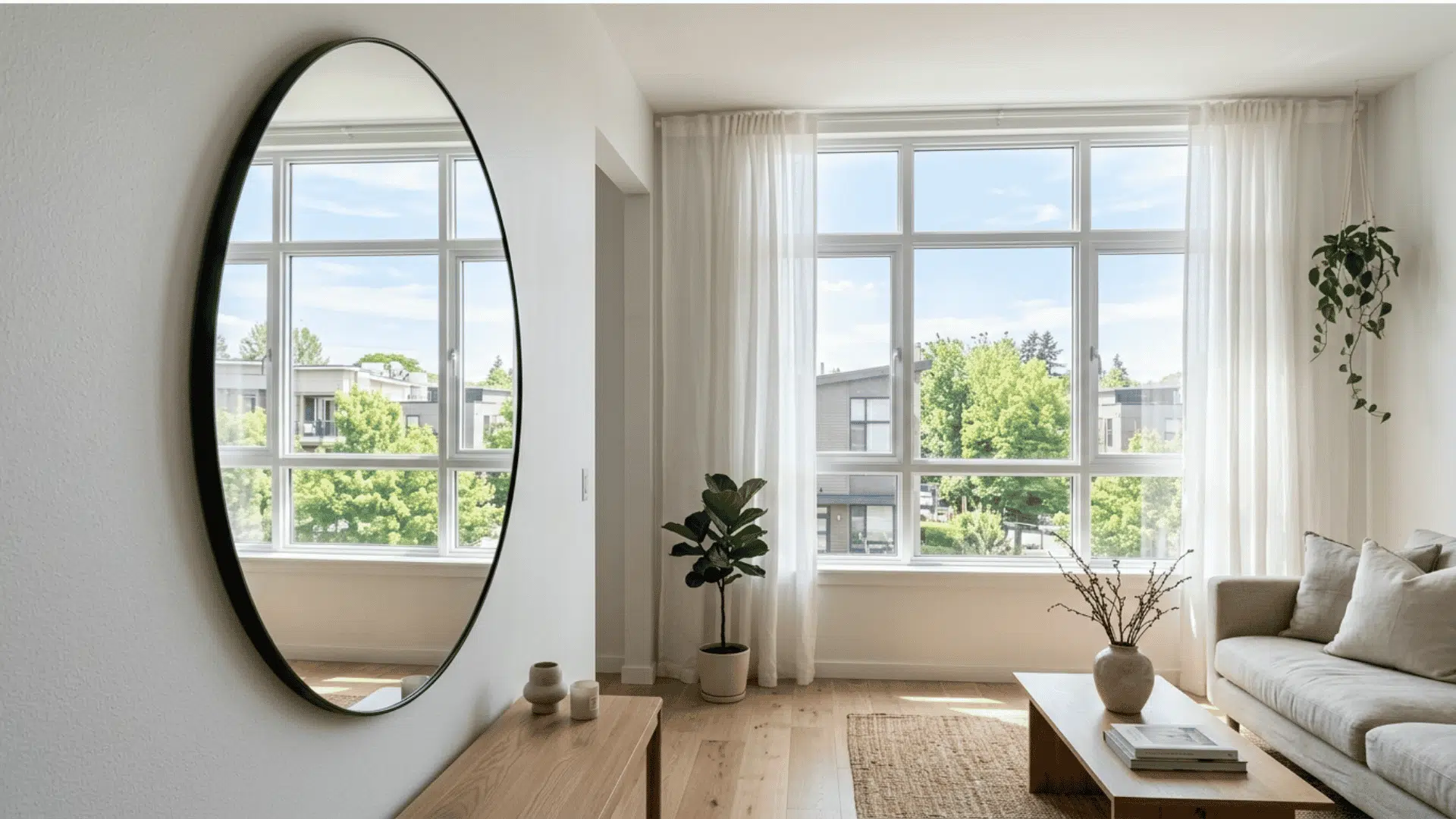a bright minimalist living room with a large oval black framed mirror positioned to reflect the natural light and garden view from floor to ceiling windows
