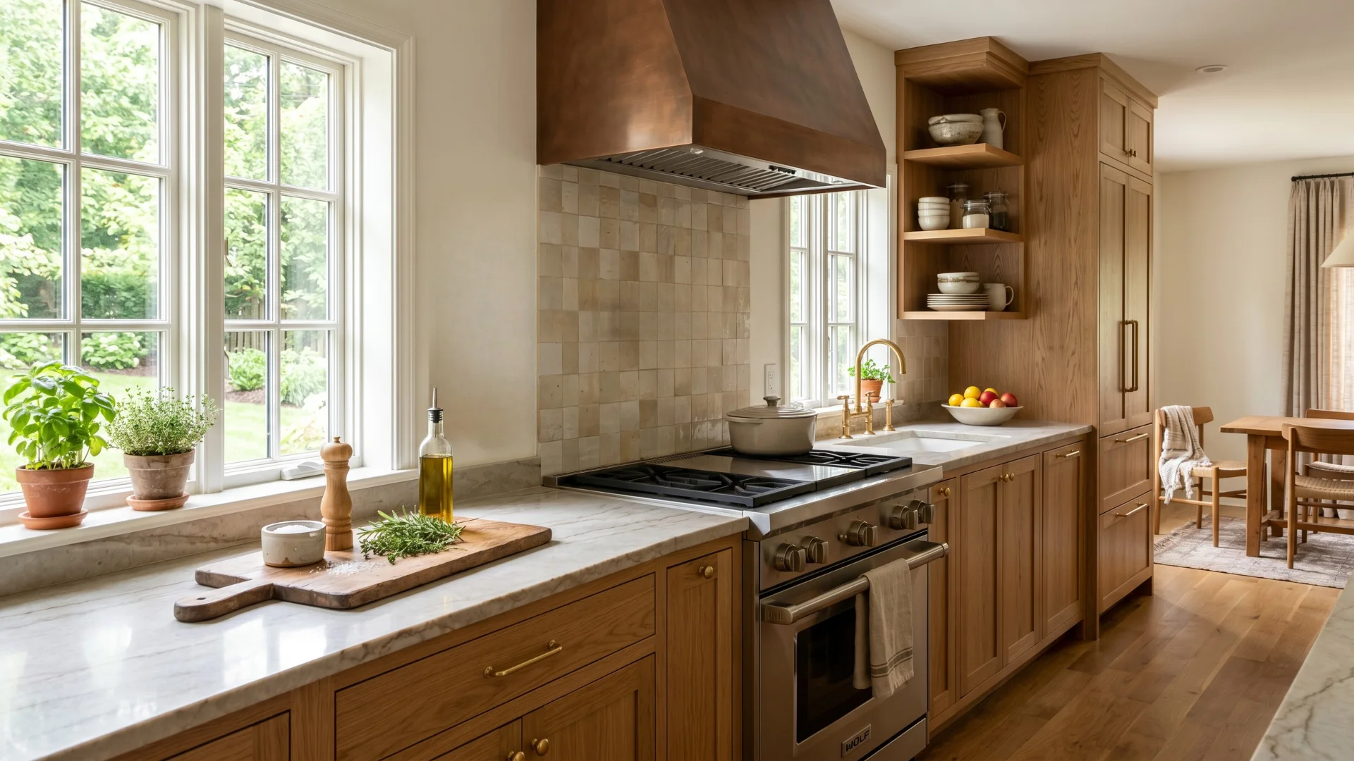 A bright, modern farmhouse kitchen featuring natural wood cabinetry, marble countertops, a copper range hood, and large windows overlooking greenery