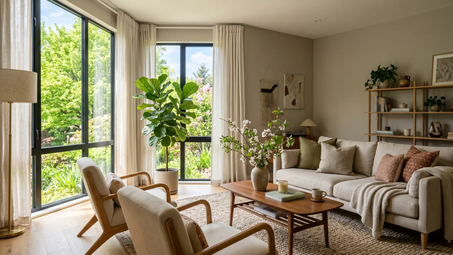 A bright, modern living room featuring neutral tones, wooden furniture, and large windows overlooking lush green foliage