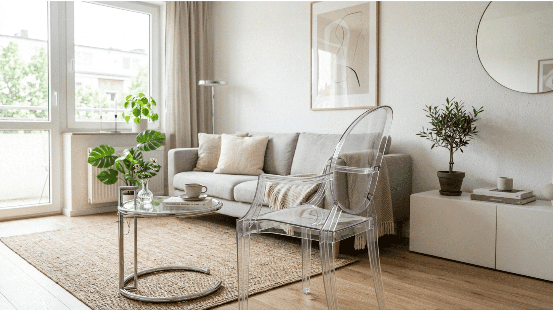_a bright scandinavian living room with a grey sofa a clear acrylic ghost chair a glass and chrome side table a jute rug and a large round mirror
