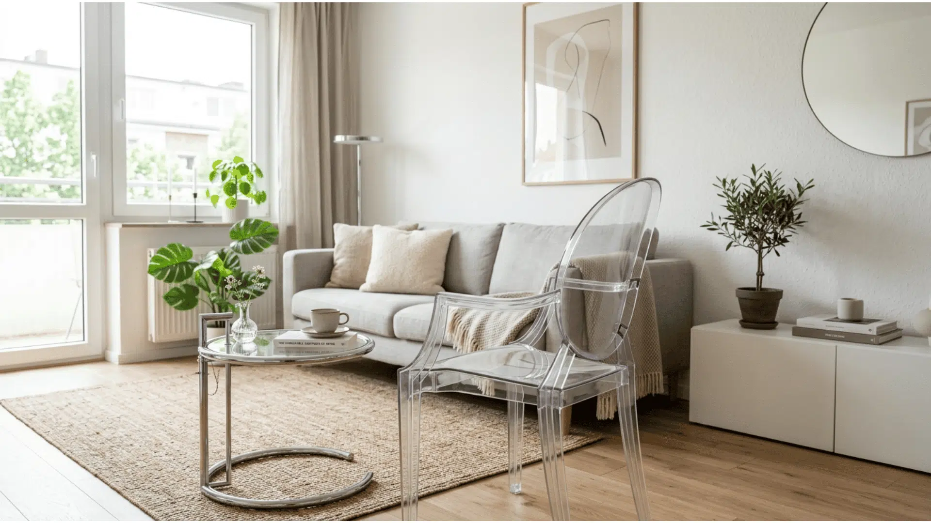 _a bright scandinavian living room with a grey sofa a clear acrylic ghost chair a glass and chrome side table a jute rug and a large round mirror