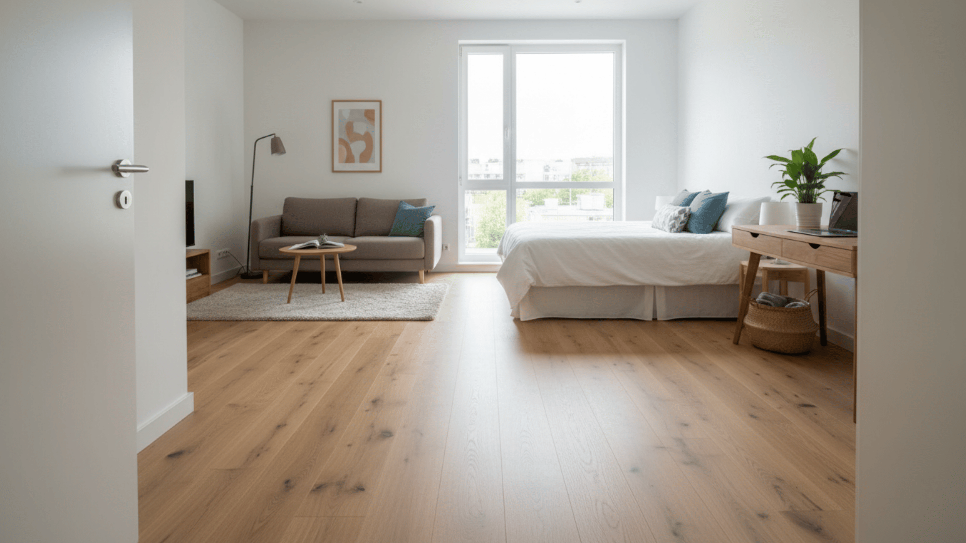 a bright studio apartment with a brown sofa white bed wooden desk potted plant large window and light wood floor