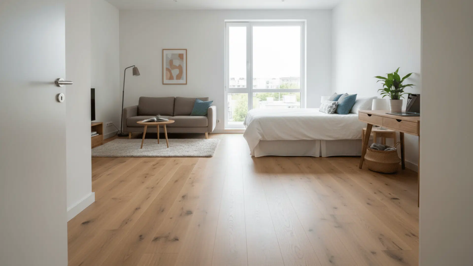 a bright studio apartment with a brown sofa white bed wooden desk potted plant large window and light wood floor