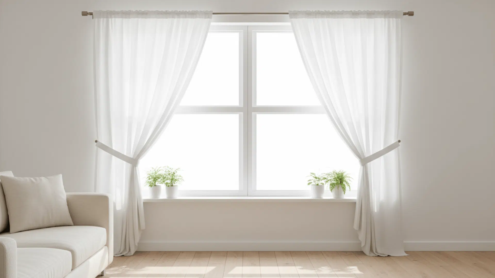 a bright window with white sheer curtains cream sofa light wood floor and small potted plants on the sill