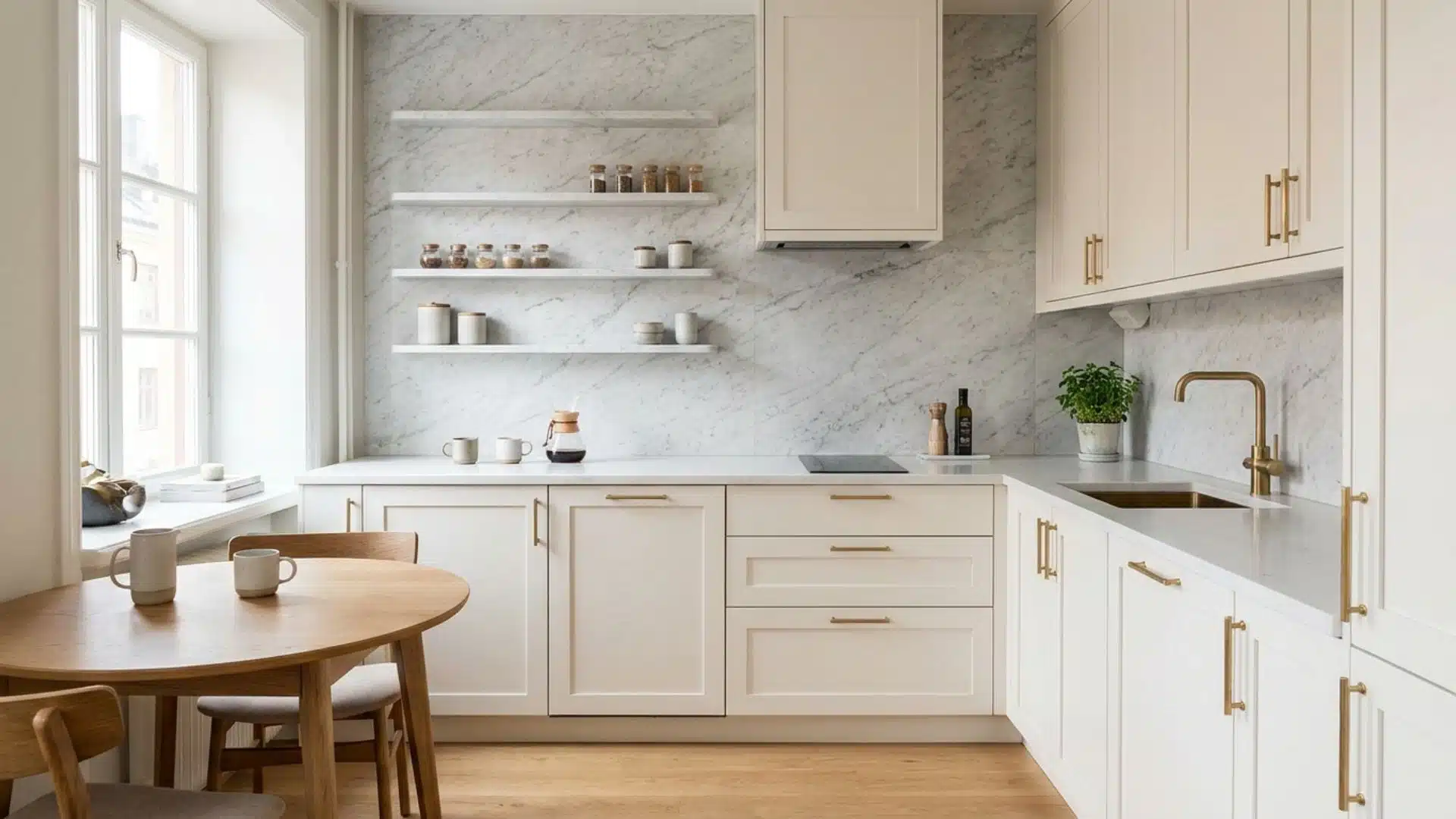 White marble kitchen backsplash with slim floating spice shelves adds storage without using counter space