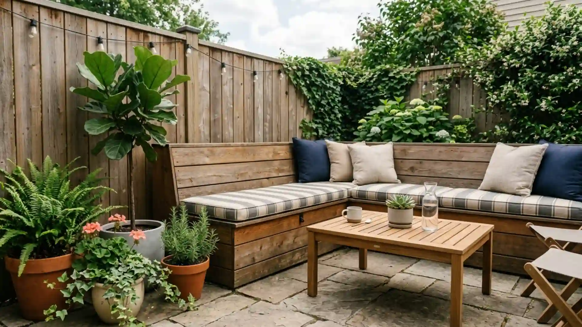 a built-in wooden bench with a hinged storage lid and thick outdoor cushions along a fence wall on a small patio with a wooden table and potted plants