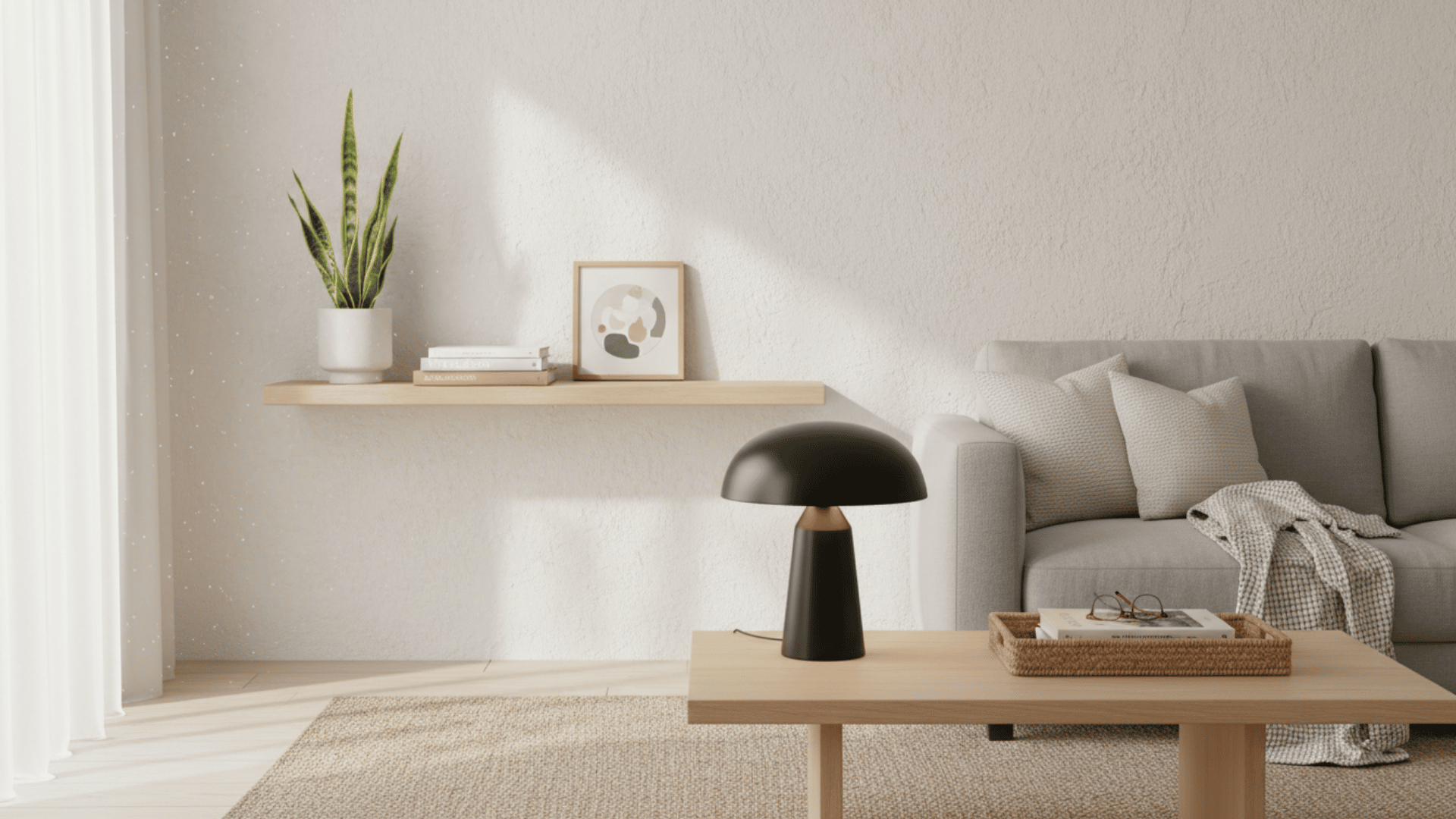 a calm living room with gray sofa wooden coffee table black lamp floating shelf snake plant and sheer curtains
