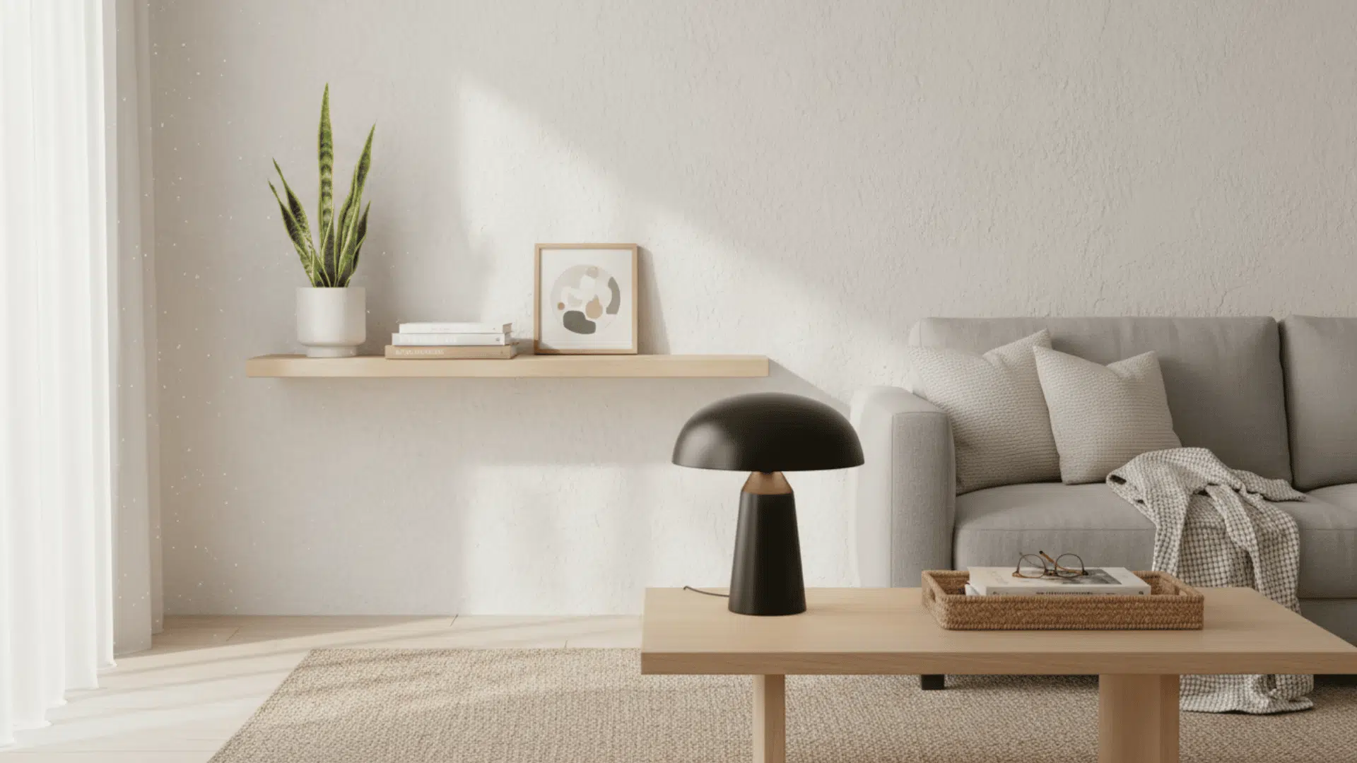 a calm living room with gray sofa wooden coffee table black lamp floating shelf snake plant and sheer curtains