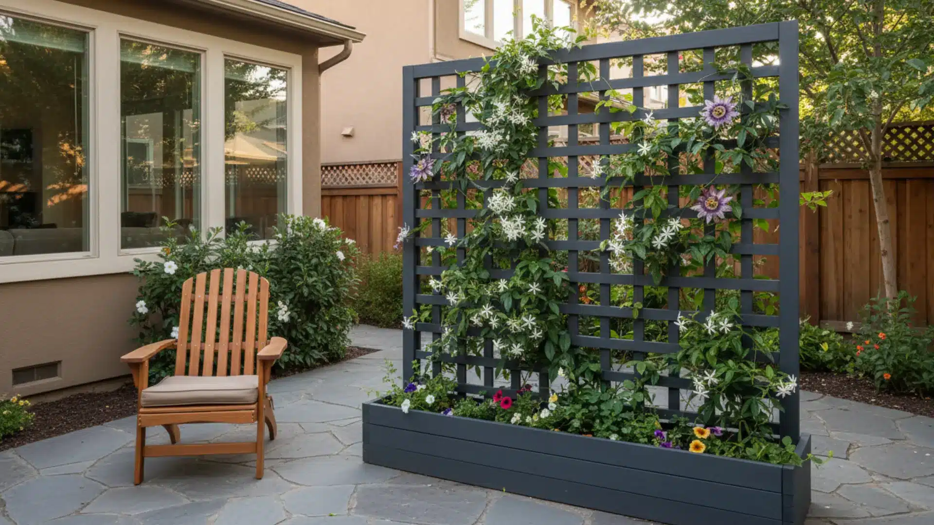 _a charcoal painted freestanding lattice screen with passion flower and star jasmine climbing through it beside a matching planter on a small stone patio in soft afternoon light