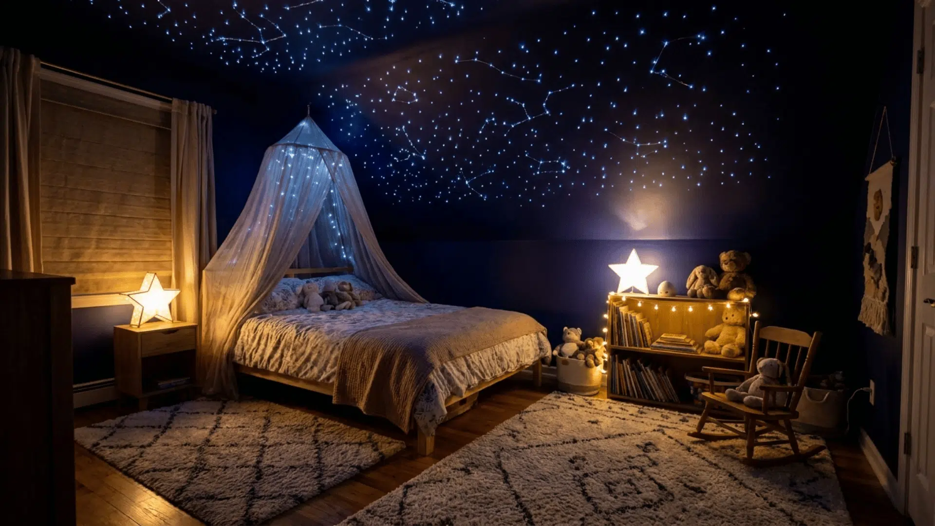 A child's bedroom with dark ceiling and fiber-optic starlight effect.