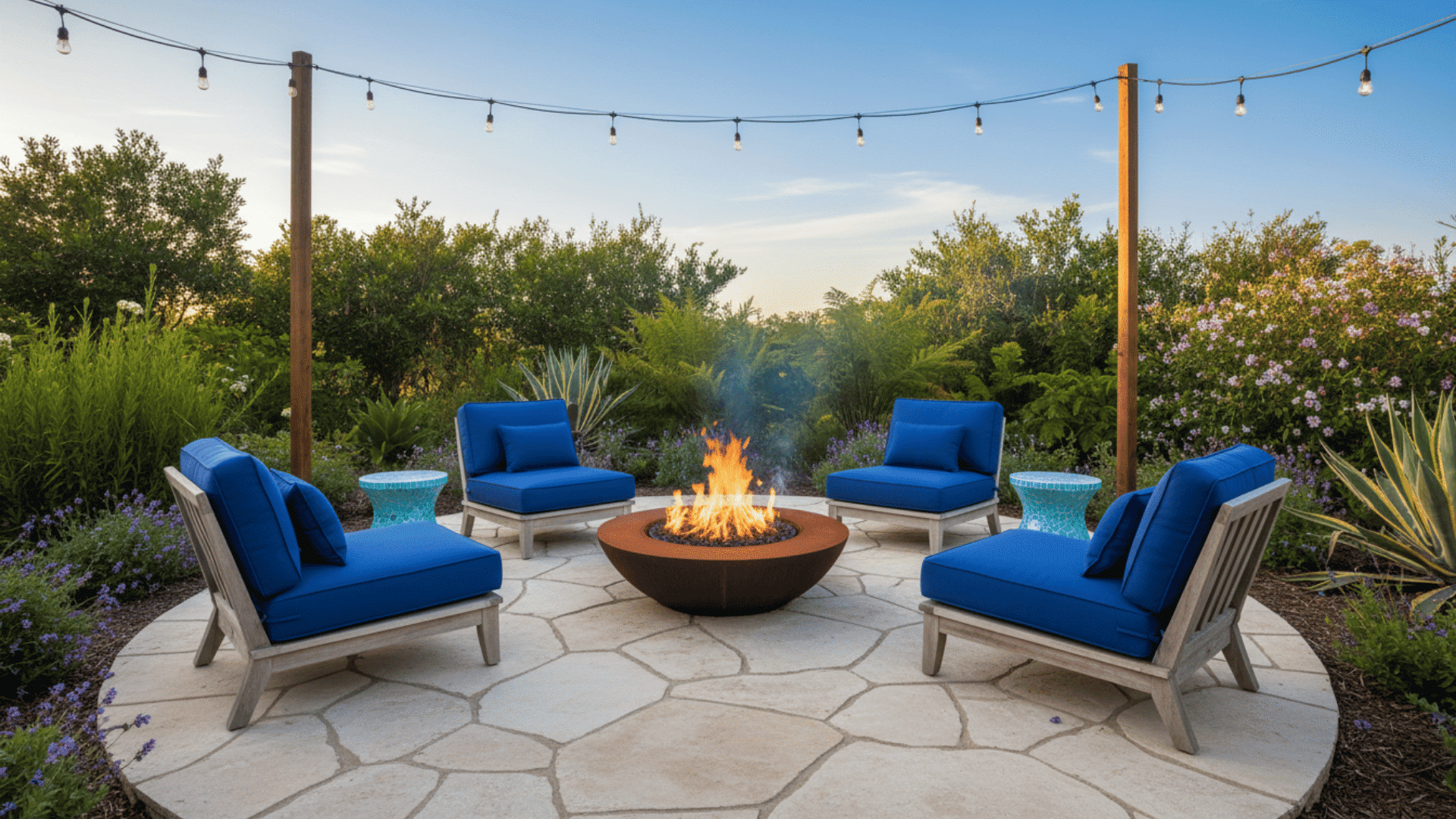 a circular stone patio with a fire pit in the center surrounded by wooden chairs with bright blue cushions and string lights above