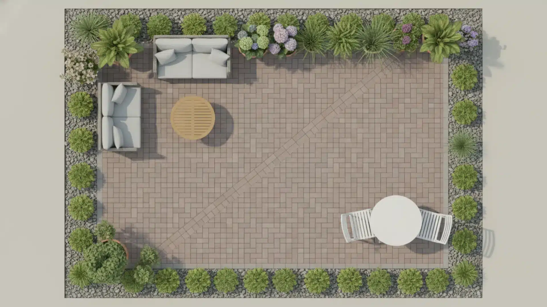 a clean overhead 3d patio layout showing a corner sofa dining set potted plants along the edges and a central walkway on brick pavers